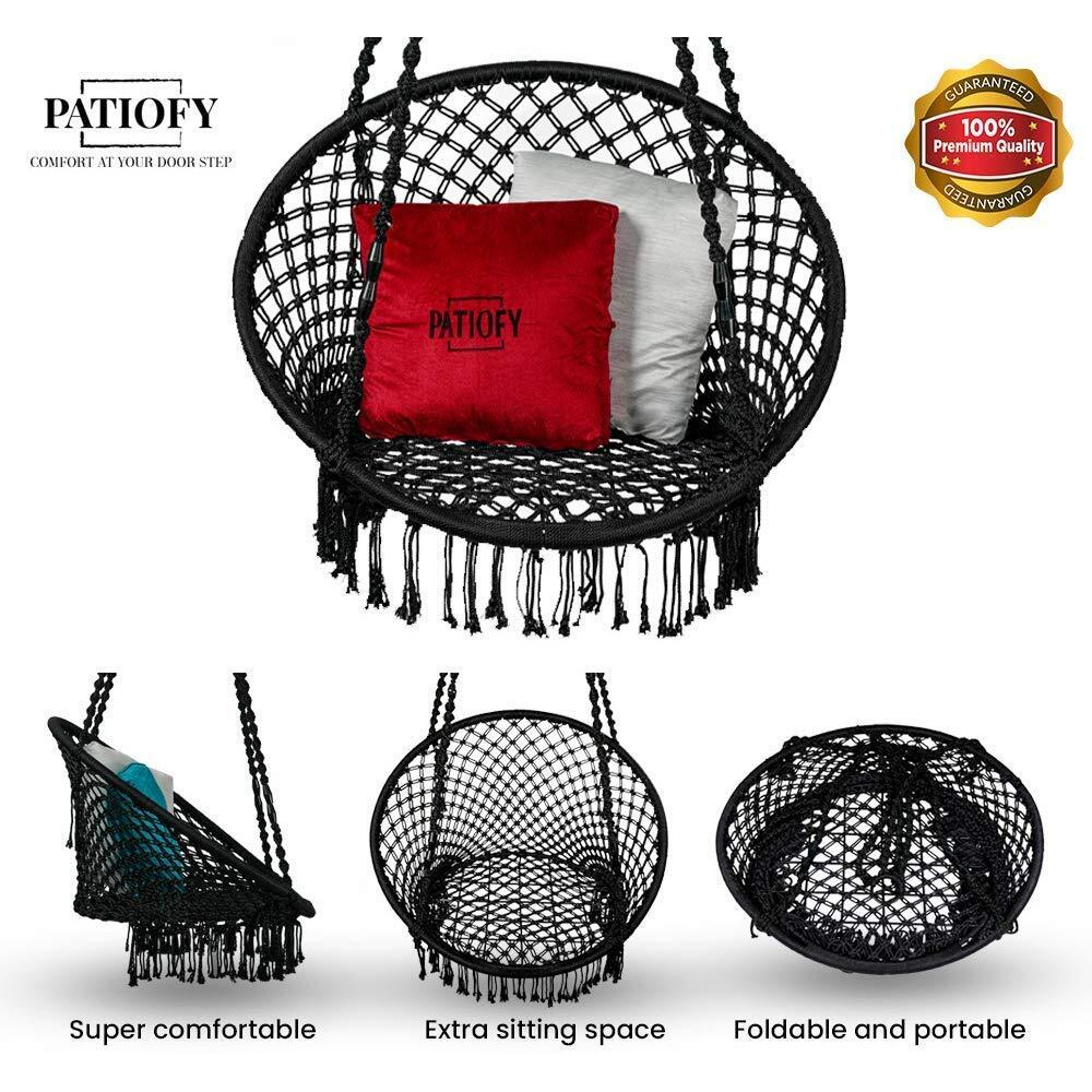 Patiofy Made In India Premium Comfy Series Swing Chair Hammock Hanging Cotton Chair With Cushion & Accessories For Indoor & Outdoor/120 Kgs Capacity/Swing Chair With 1 Cushion For Kids & Adults-Black