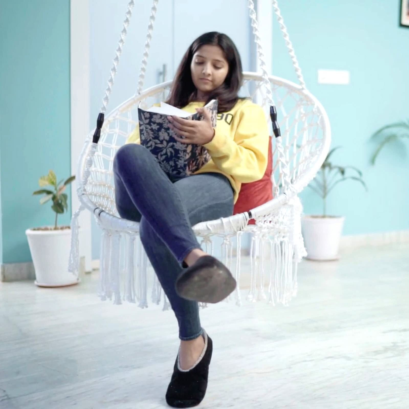 Patiofy Made In India Premium Comfy Series Swing Chair Hammock Hanging Cotton Chair With Cushion & Accessories For Indoor & Outdoor/120 Kgs Capacity/Swing Chair With 1 Cushion For Kids & Adults-White