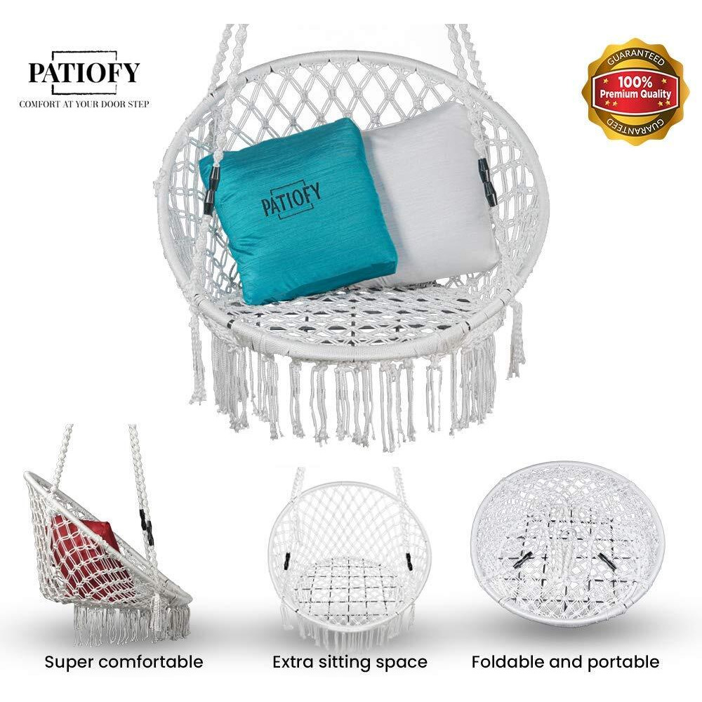 Patiofy Made In India Premium Comfy Series Swing Chair Hammock Hanging Cotton Chair With Cushion & Accessories For Indoor & Outdoor/120 Kgs Capacity/Swing Chair With 1 Cushion For Kids & Adults-White