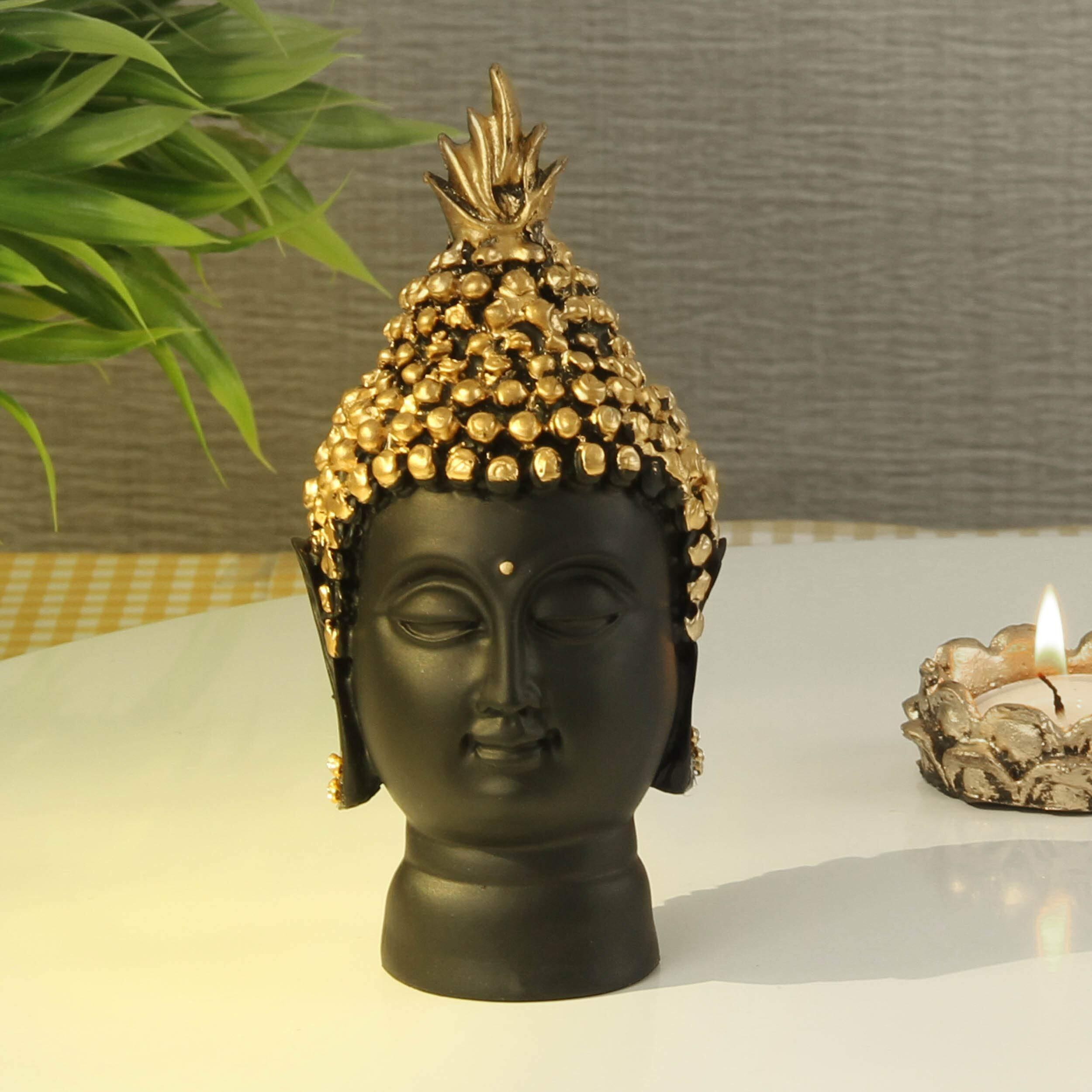 Tied Ribbons Resin Buddha Head Idol Statue Showpiece (Golden, 13.7 Cm X 6.3 Cm) - Decoration Items For Home Decor Mandir Temple Pooja Room Living Room Table Office Decorative Gifts