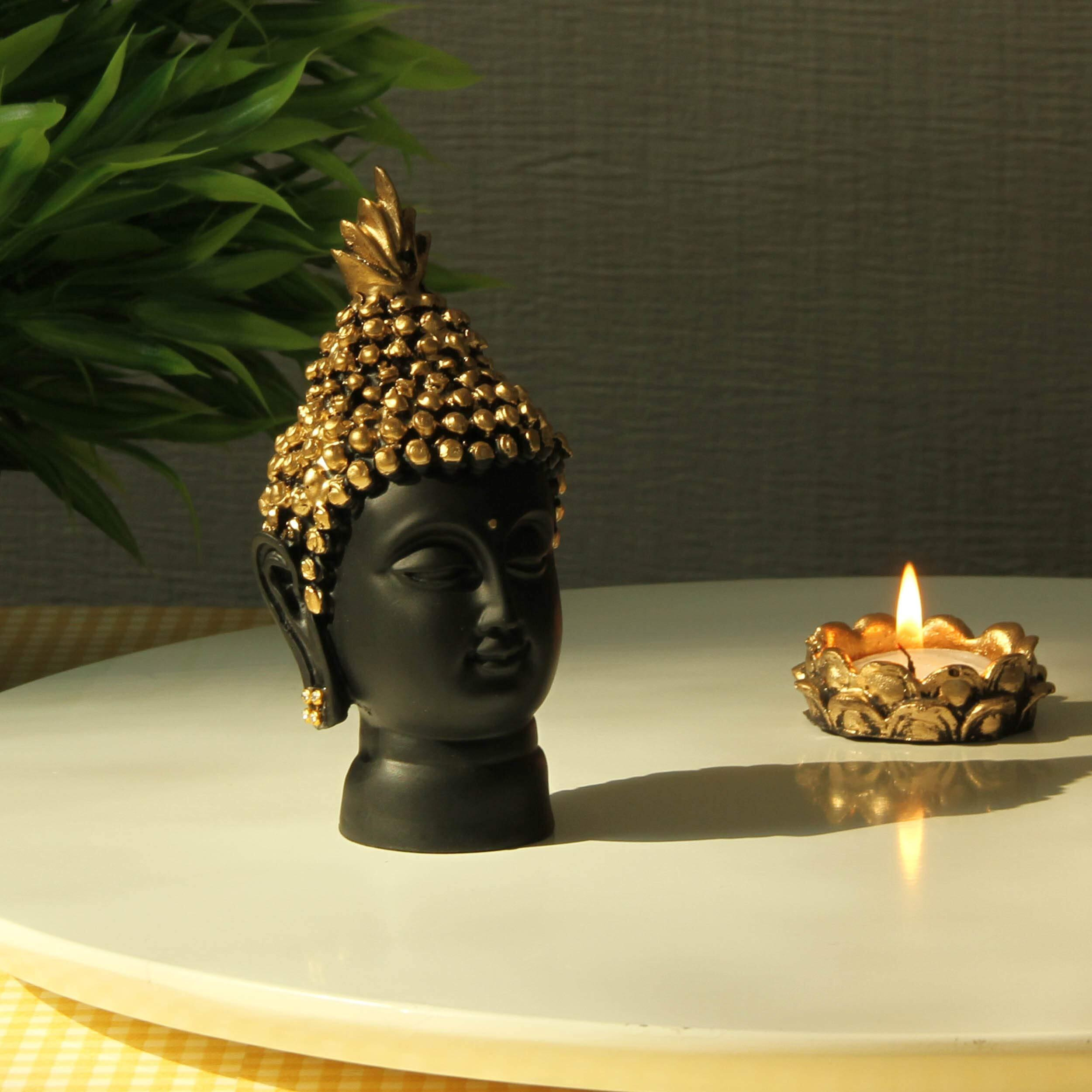 Tied Ribbons Resin Buddha Head Idol Statue Showpiece (Golden, 13.7 Cm X 6.3 Cm) - Decoration Items For Home Decor Mandir Temple Pooja Room Living Room Table Office Decorative Gifts