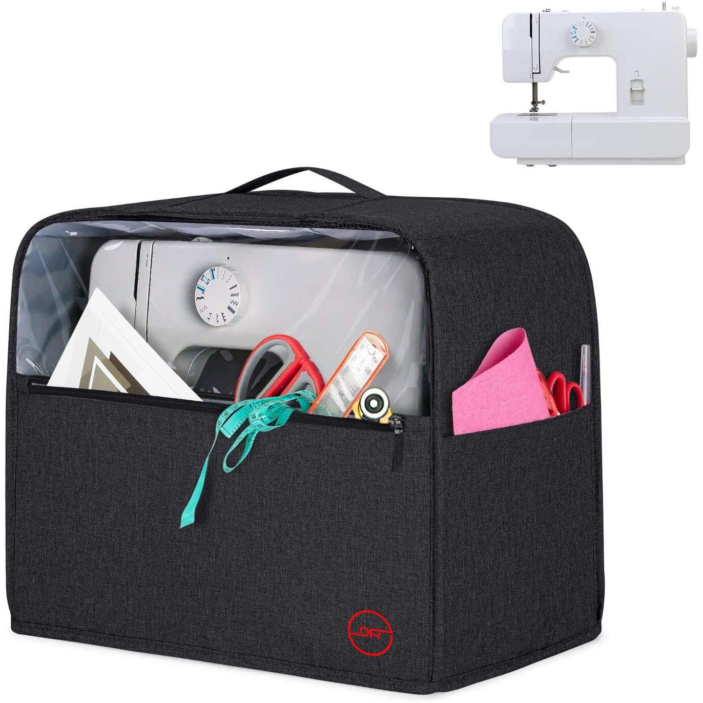 Double R Bags Visible Sewing Machine Cover With Top Handle And Pockets, Heavy Duty Dust Cover For Most Standard Singer Usha Brother Machines Stitching Machine Silai Machine (Black)