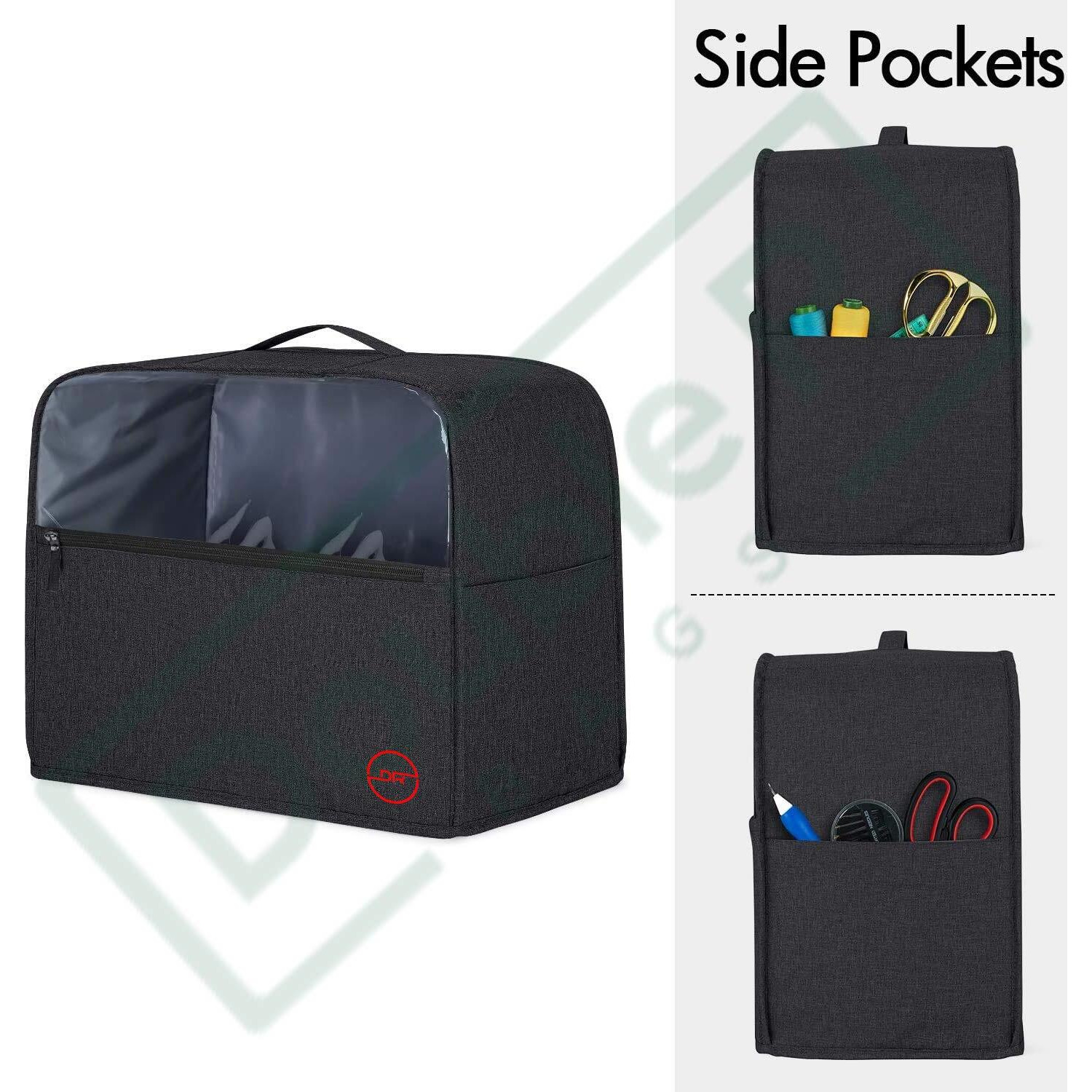 Double R Bags Visible Sewing Machine Cover With Top Handle And Pockets, Heavy Duty Dust Cover For Most Standard Singer Usha Brother Machines Stitching Machine Silai Machine (Black)