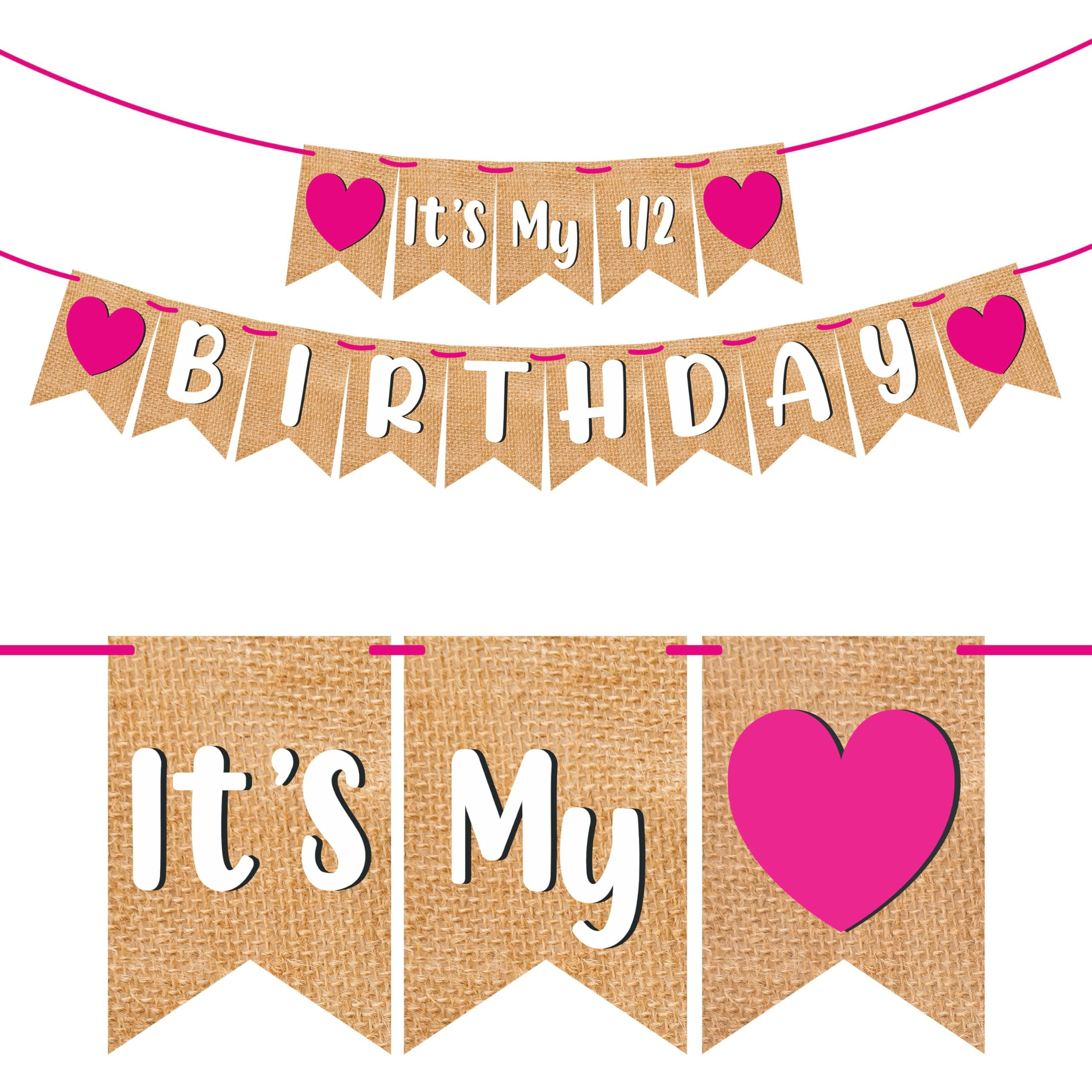 Wobbox Birthday Bunting Banner &quotIts My Half Birthday" Jute Style Pink Heart, Birthday Decoration Item