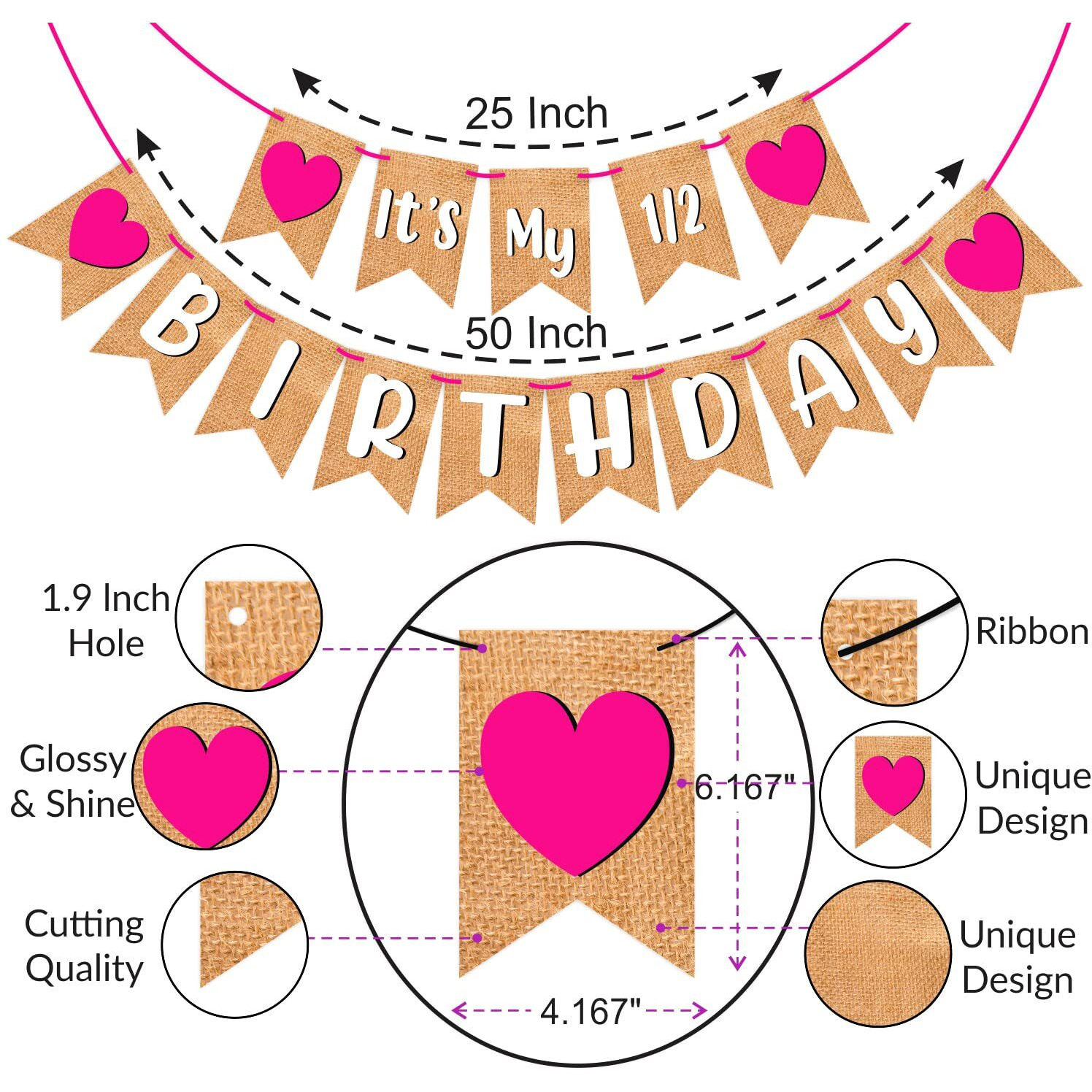 Wobbox Birthday Bunting Banner &quotIts My Half Birthday" Jute Style Pink Heart, Birthday Decoration Item