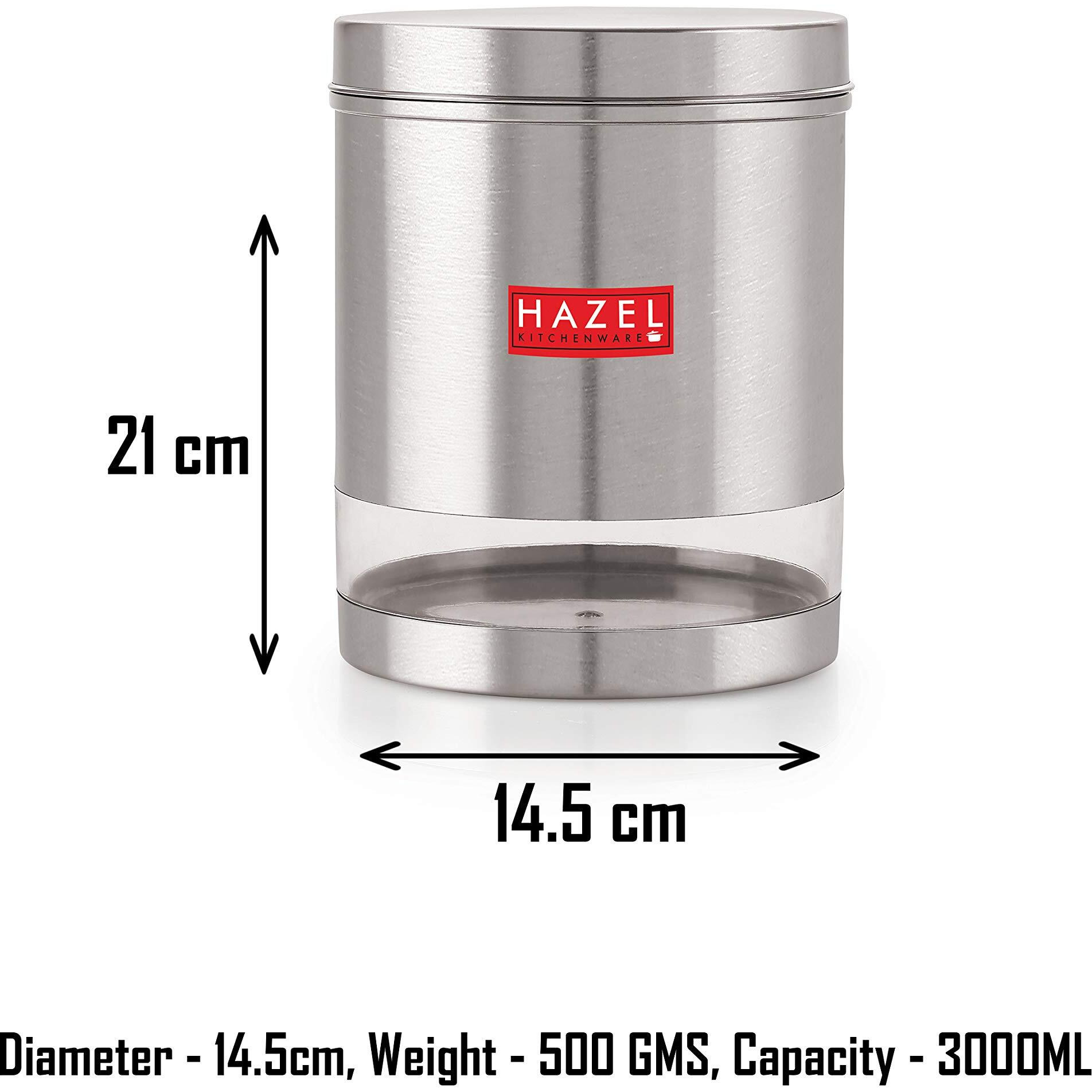 Hazel Stainless Steel Container For Kitchen Storage Transparent See Through Matt Finish Storage Jar Dabba, Set Of 1, 3000 Ml, Silver