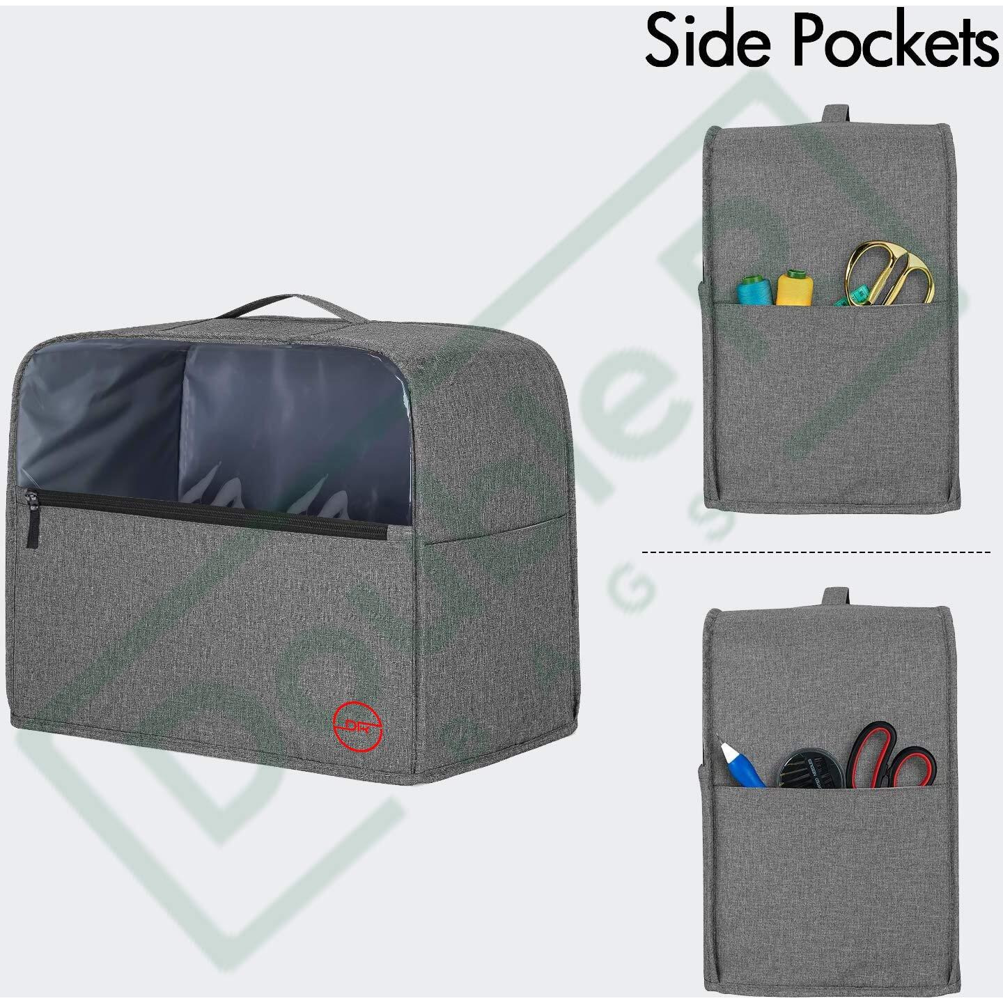 Double R Bags Cotton Visible Sewing Machine Cover With Top Handle And Pockets, Heavy Duty Dust Cover For Most Standard Singer Usha Brother Machines Stitching Machine Silai Machine (Grey, Modern)