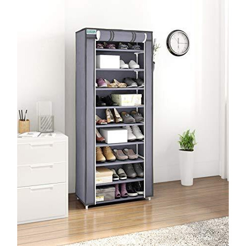 Flipzon Multipurpose 9-Tiers Shoe Rack With Dustproof Zip Cover & Side Pockets, Multiuse Wide Space Storage Rack For Footwear, Toys, Clothes With Dustproof Cover (9 Shelves, Grey, Plastic)