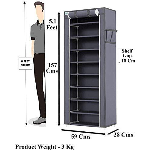 Flipzon Multipurpose 9-Tiers Shoe Rack With Dustproof Zip Cover & Side Pockets, Multiuse Wide Space Storage Rack For Footwear, Toys, Clothes With Dustproof Cover (9 Shelves, Grey, Plastic)