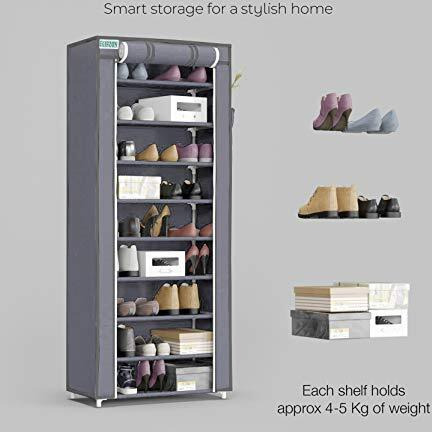 Flipzon Multipurpose 9-Tiers Shoe Rack With Dustproof Zip Cover & Side Pockets, Multiuse Wide Space Storage Rack For Footwear, Toys, Clothes With Dustproof Cover (9 Shelves, Grey, Plastic)