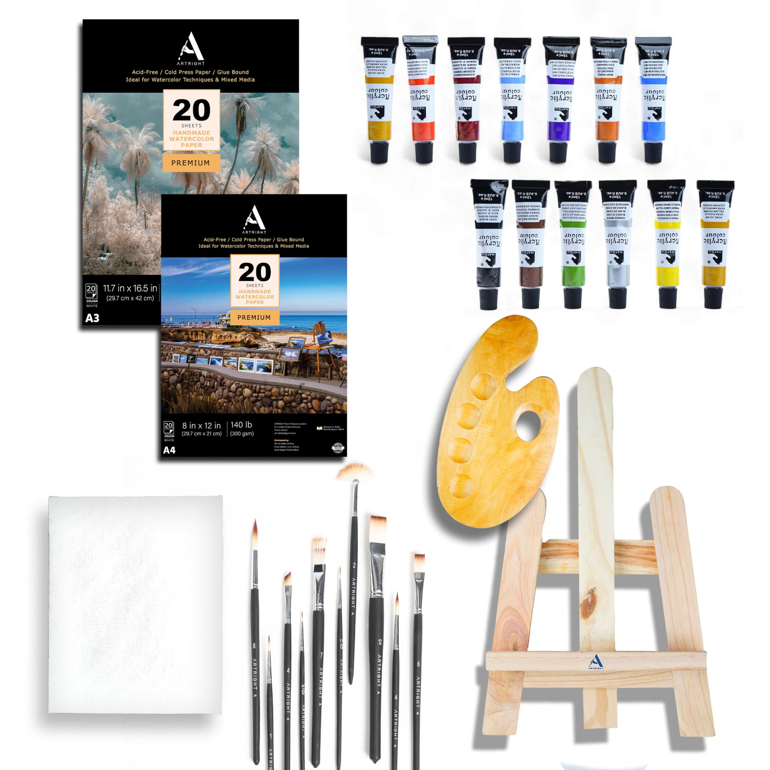 Artright 65 Pcs Professional Painting Kit - Art Kit For Painting (Paint Brushes Set Of 10-1 Feet Easel Stand - Painting Palette - Set Of 12 Artist Paints - 8X10 Canvas - 40 A3 & A4 Watercolor Papers)