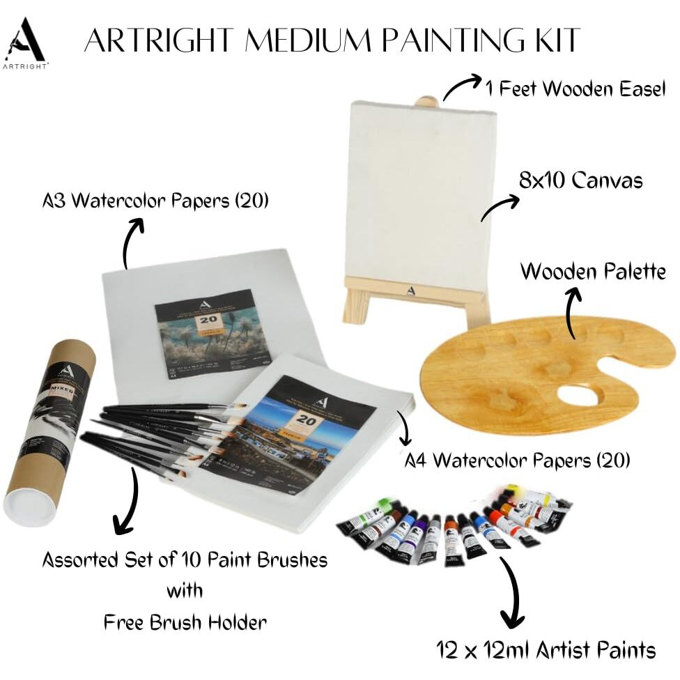 Artright 65 Pcs Professional Painting Kit - Art Kit For Painting (Paint Brushes Set Of 10-1 Feet Easel Stand - Painting Palette - Set Of 12 Artist Paints - 8X10 Canvas - 40 A3 & A4 Watercolor Papers)