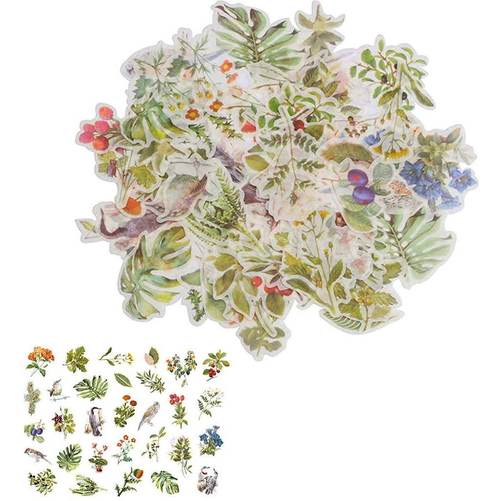 Hasthip 60 Washi Tape Paper Self-Adhesive Sticker Vintage Plant Bird Sticker Flower Sticker For Diy Scrapbooking Diary Albums Tea Cup Laptop Notebook Decoration (Flower And Bird), 8.6 Cms