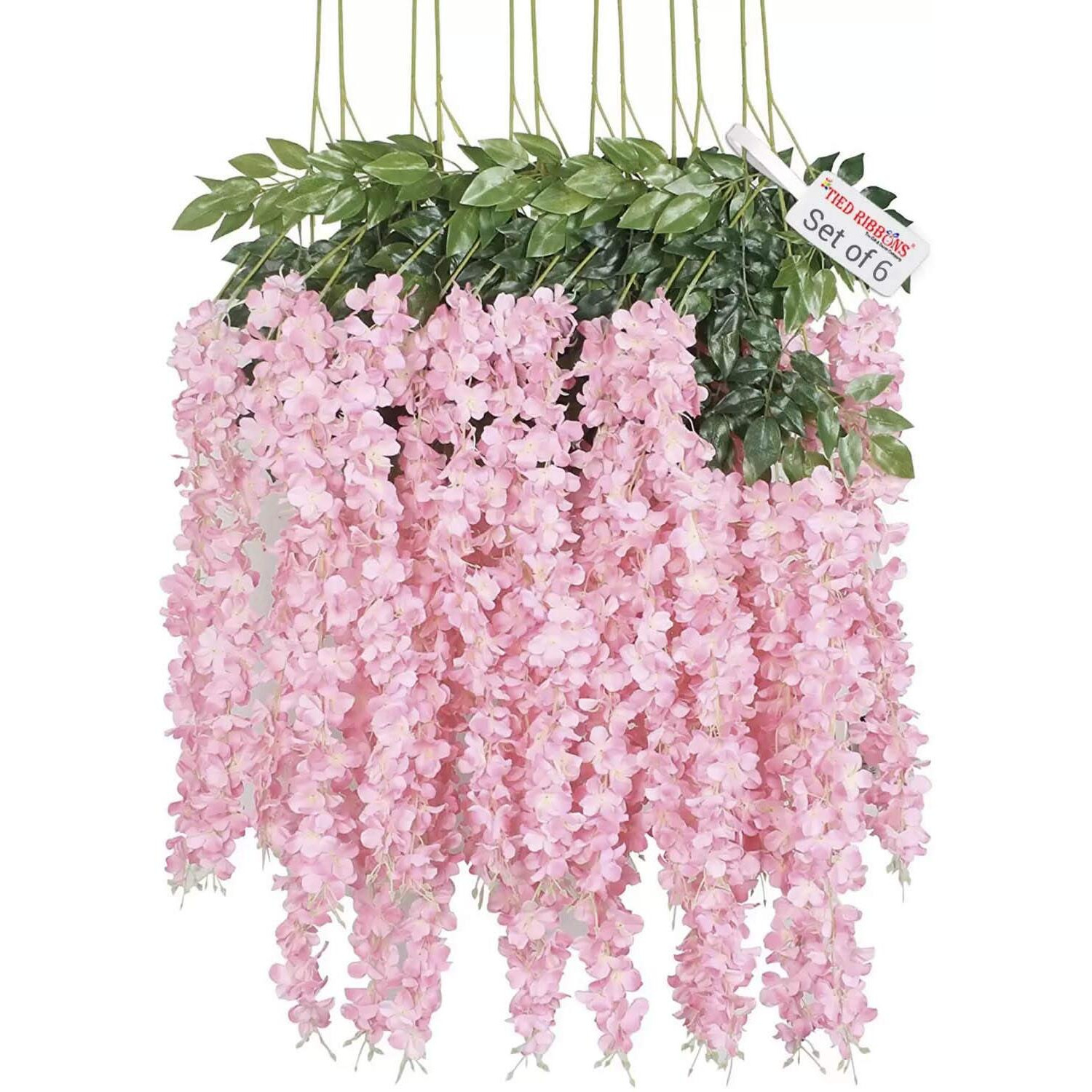 Tied Ribbons Set Of 6 Artificial Silk Wisteria Hanging Flowers Strings Garlands For Home Decoration Wedding Outdoor Ceremony Events Backdrop Floral Dcor (Light Pink, Longest String 111 Cm)