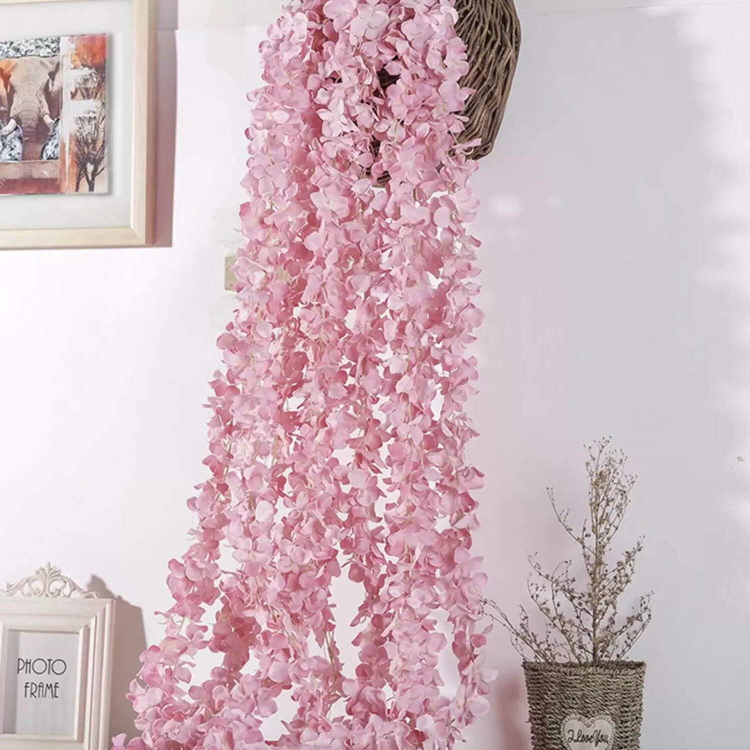 Tied Ribbons Set Of 6 Artificial Silk Wisteria Hanging Flowers Strings Garlands For Home Decoration Wedding Outdoor Ceremony Events Backdrop Floral Dcor (Light Pink, Longest String 111 Cm)