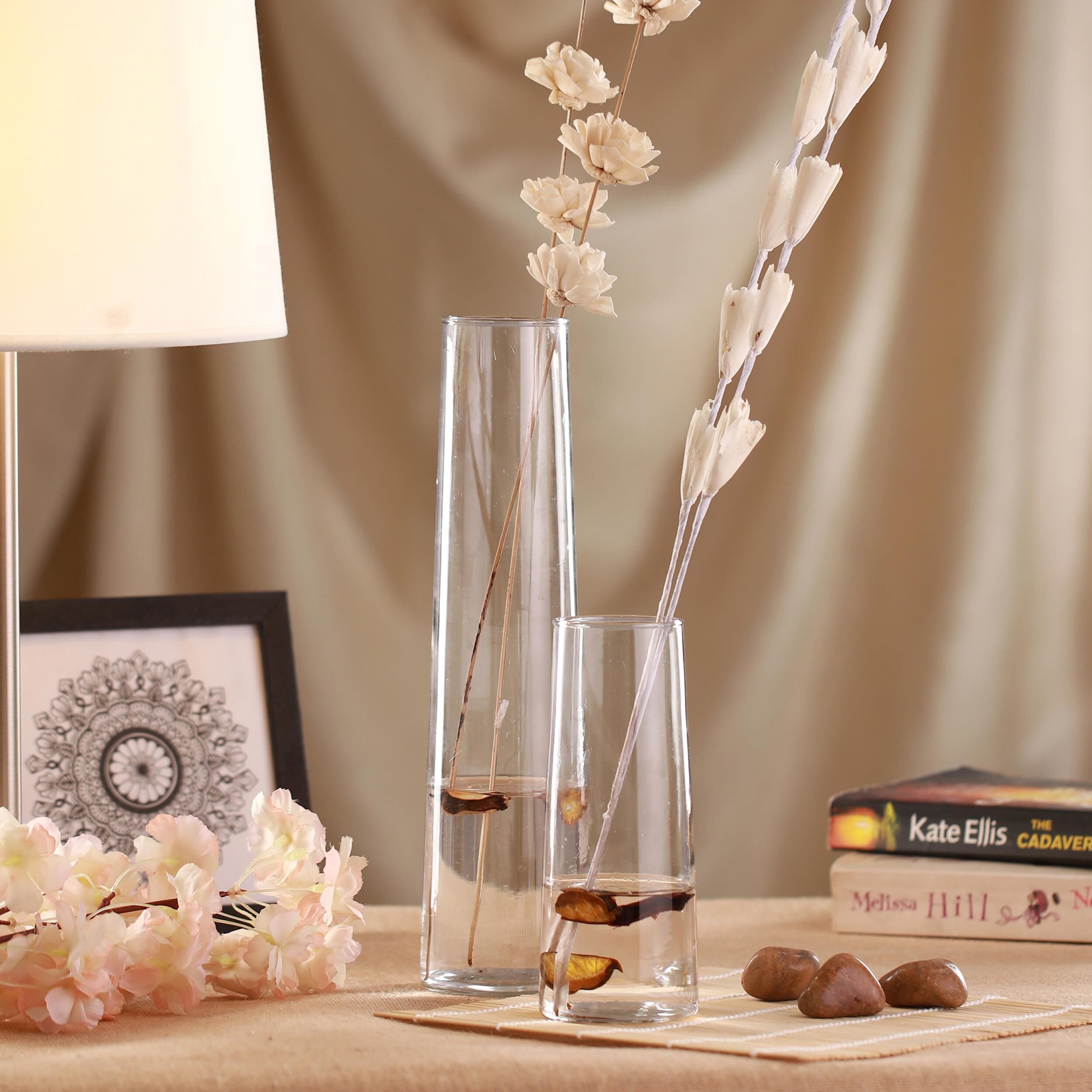 Tied Ribbons Set Of 2 Flower Vase For Living Room (Transparent, 29 Cm & 16.5 Cm) - Glass Vase Pot For Water Plants Home Decor Dining Table Decoration Bedroom Hall Aesthetic House Warming Gift