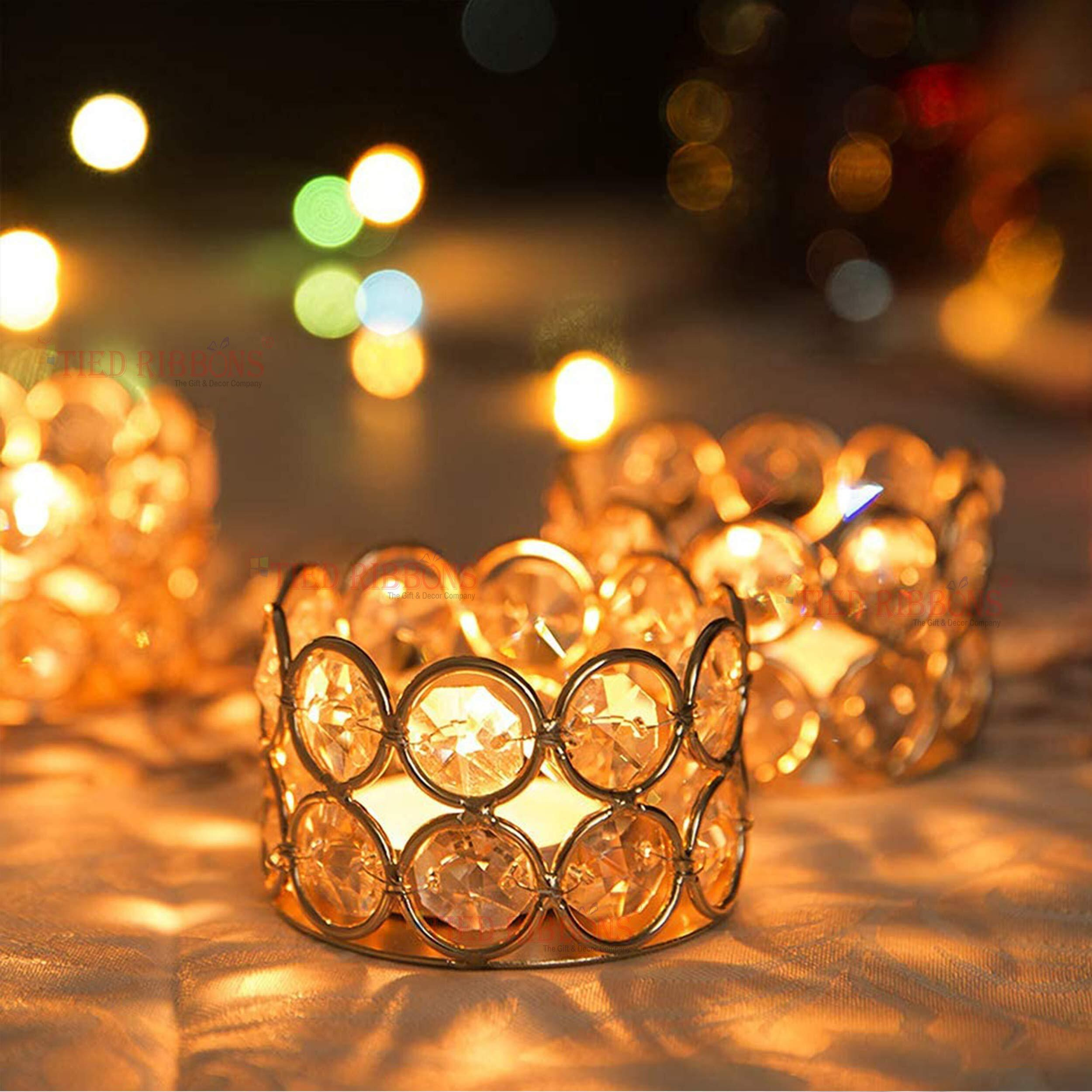 Tied Ribbons Pack Of 4 Crystal Tealight Candle Holder Centerpieces Votive Candle Holders - Decorations Items For Home Dining Table (6.3 Cm X 4.3 Cm) - Home Dcor - Gifts Item