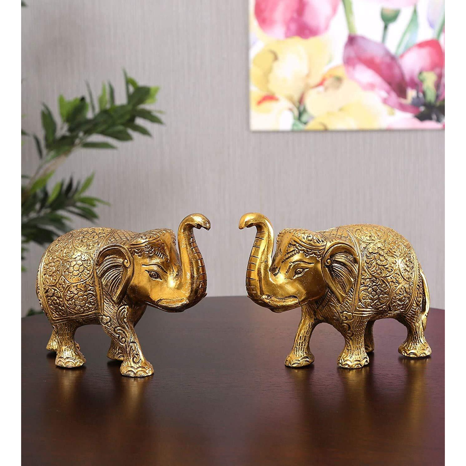 Chhariya Crafts Metal Elephant Pair Of 2 For Gift Home And Office Table Decorative Showpiece For Good Luck (Metal, Gold)