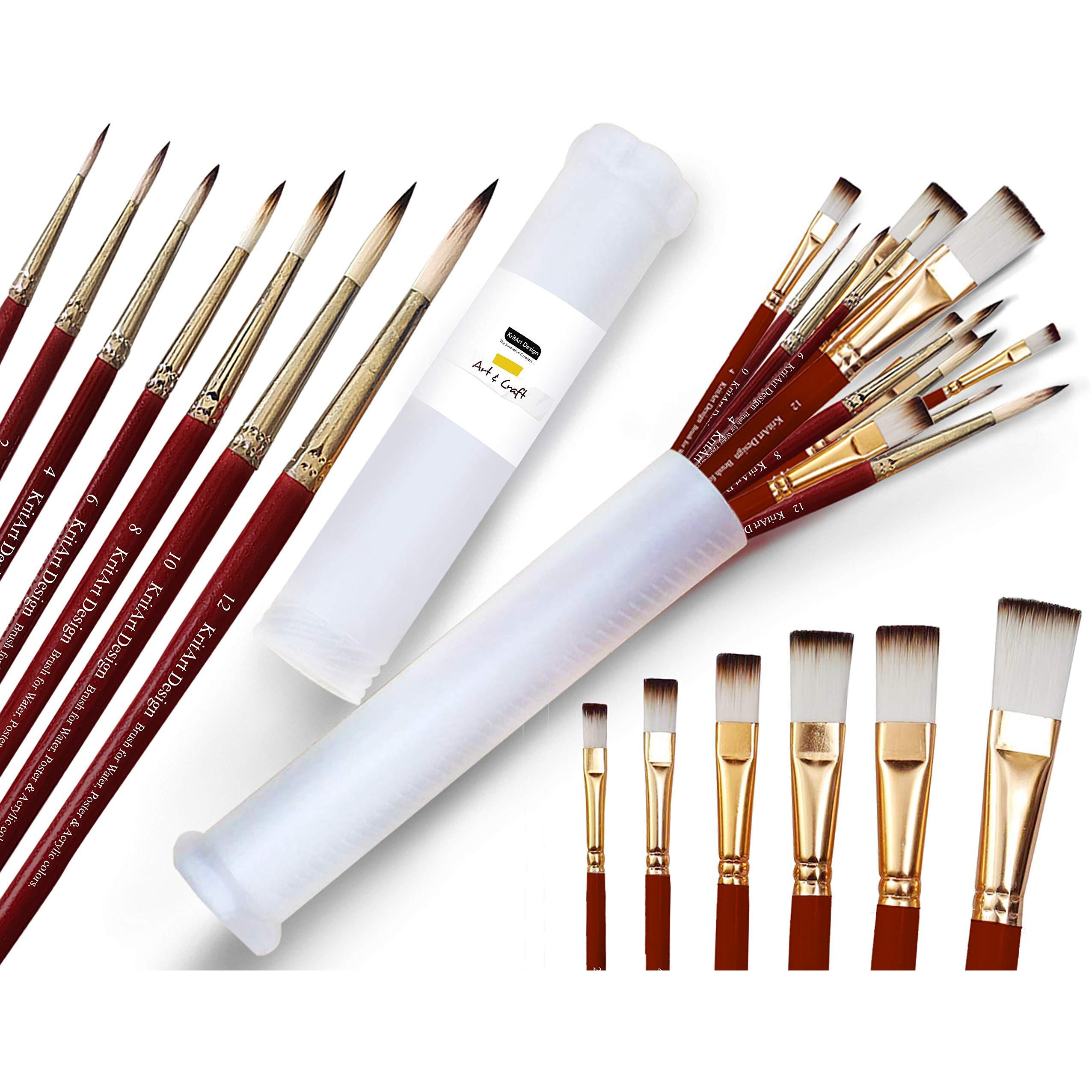 Kritart Design Artist Painting Brush Set, Flat And Round, Synthetic Hair For Water Poster Acrylic Gouache And Oil Colour [Red Wooden Handle Set Of 13 Mix Brushes With Extendable Container]