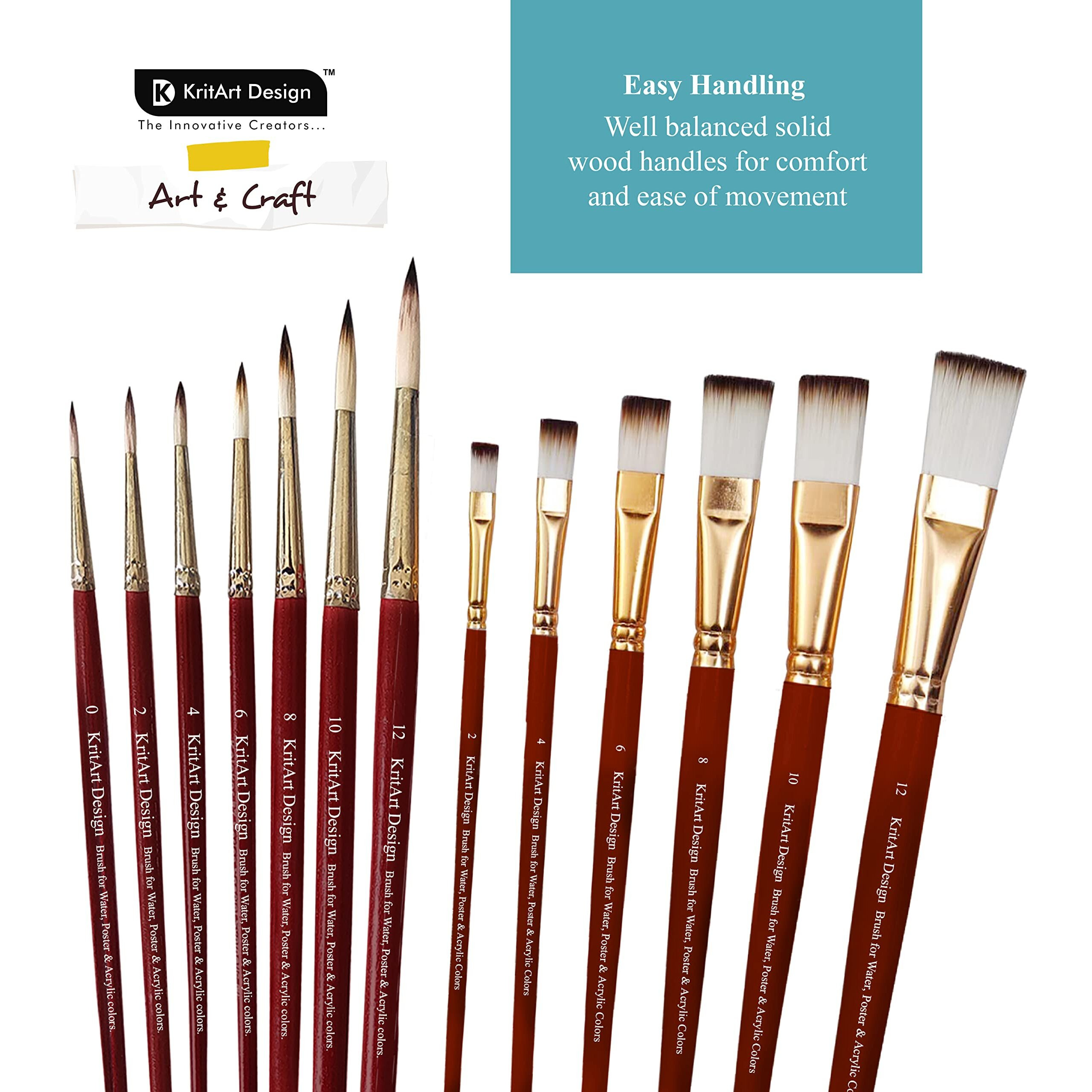 Kritart Design Artist Painting Brush Set, Flat And Round, Synthetic Hair For Water Poster Acrylic Gouache And Oil Colour [Red Wooden Handle Set Of 13 Mix Brushes With Extendable Container]