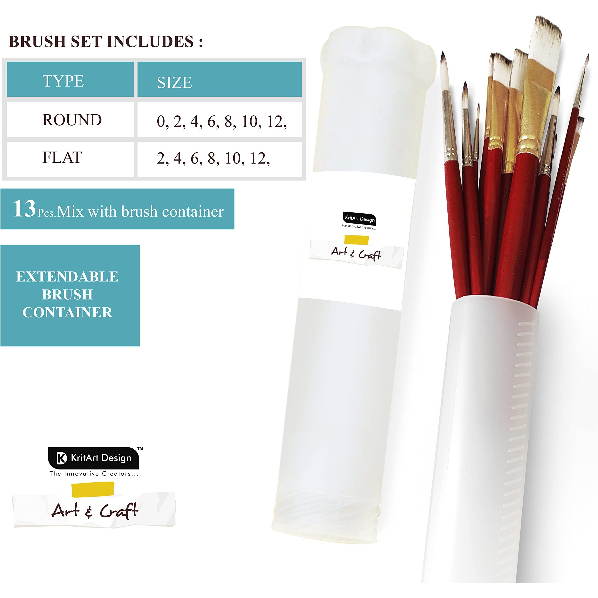 Kritart Design Artist Painting Brush Set, Flat And Round, Synthetic Hair For Water Poster Acrylic Gouache And Oil Colour [Red Wooden Handle Set Of 13 Mix Brushes With Extendable Container]