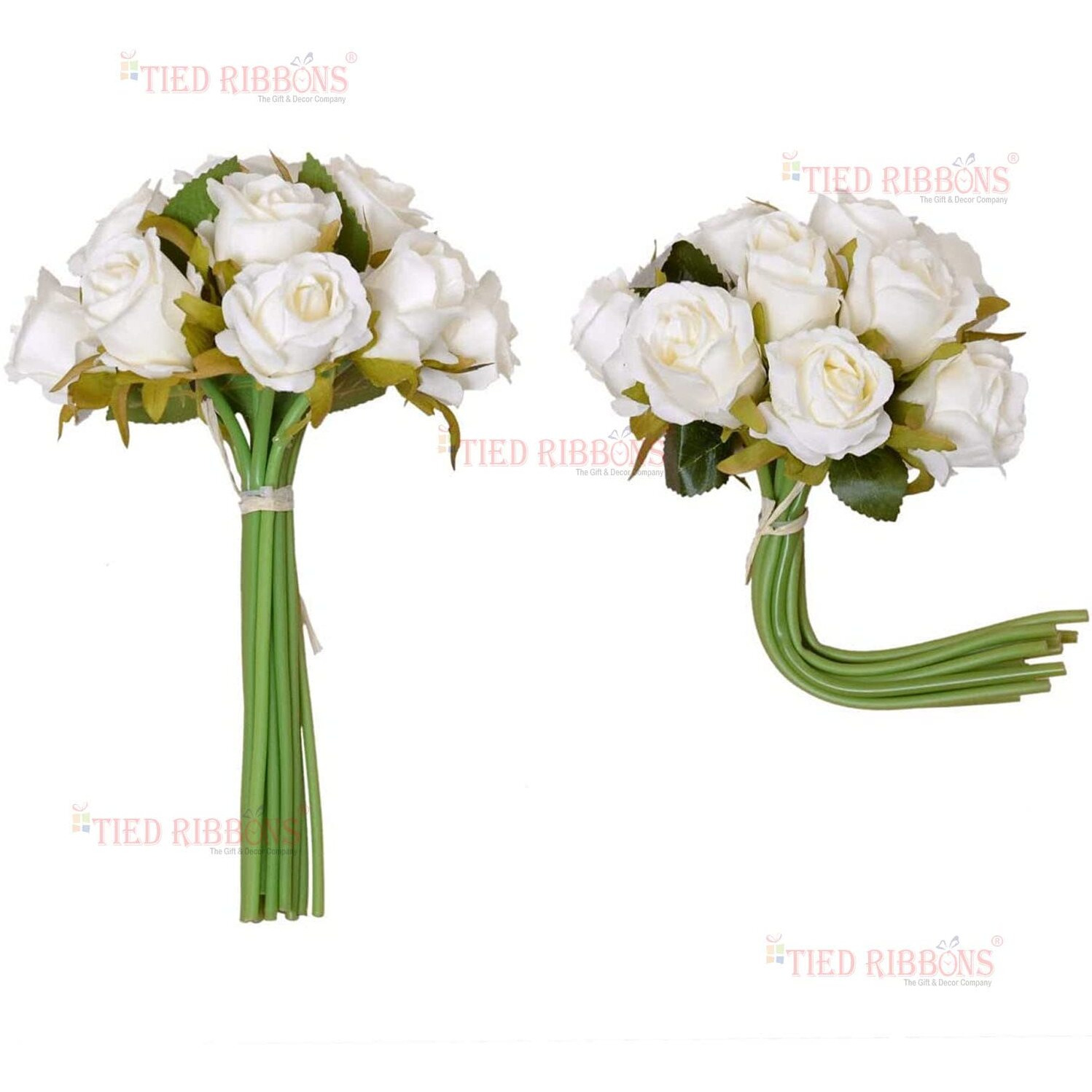 Tied Ribbons Set Of 12 Artificial Rose Flowers Bunches For Vase (24 Cm, White) - Home Decoration Gift Items For Living Room Corner Table Top Bedroom Wedding (Pot Not Included) Polyester