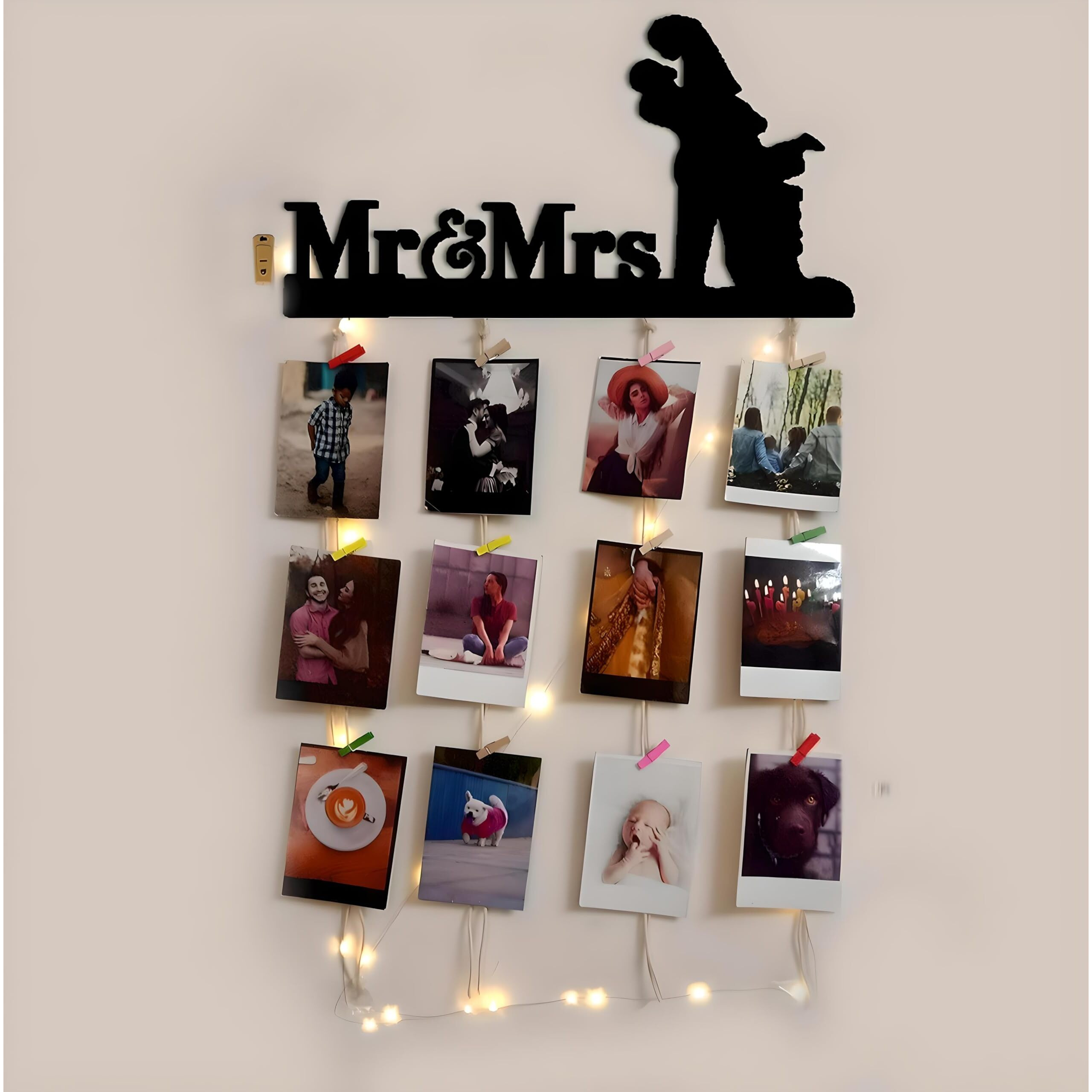 Vah Wooden Photo Frame With Led Light Photo Wall Hanging, Memories Wall Hanging, Hanging Photo Frames For Wall Decoration, Moments Wall Hanging, Photos Hanging For Wall Decoration (Mr And Mrs With Light)