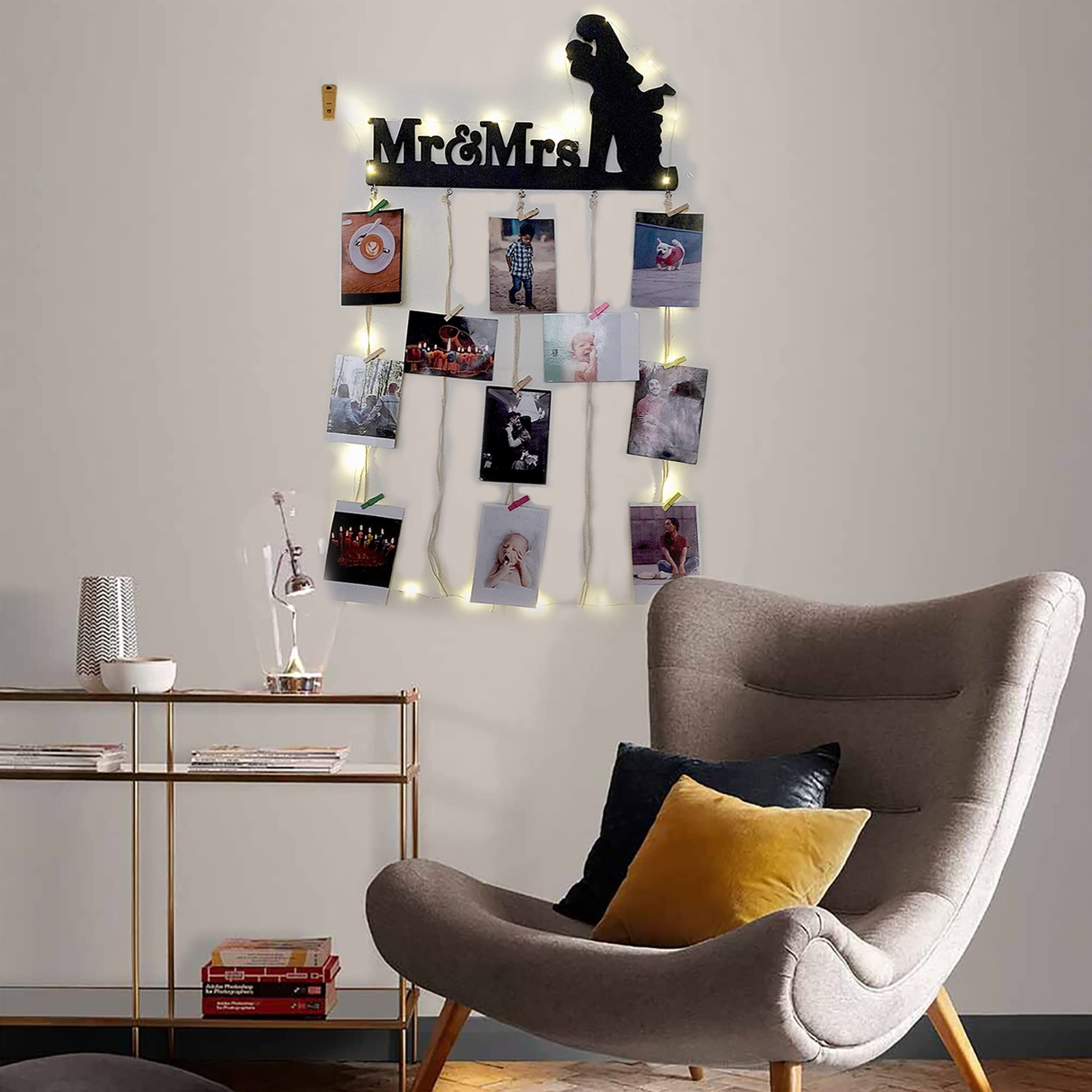 Vah Wooden Photo Frame With Led Light Photo Wall Hanging, Memories Wall Hanging, Hanging Photo Frames For Wall Decoration, Moments Wall Hanging, Photos Hanging For Wall Decoration (Mr And Mrs With Light)