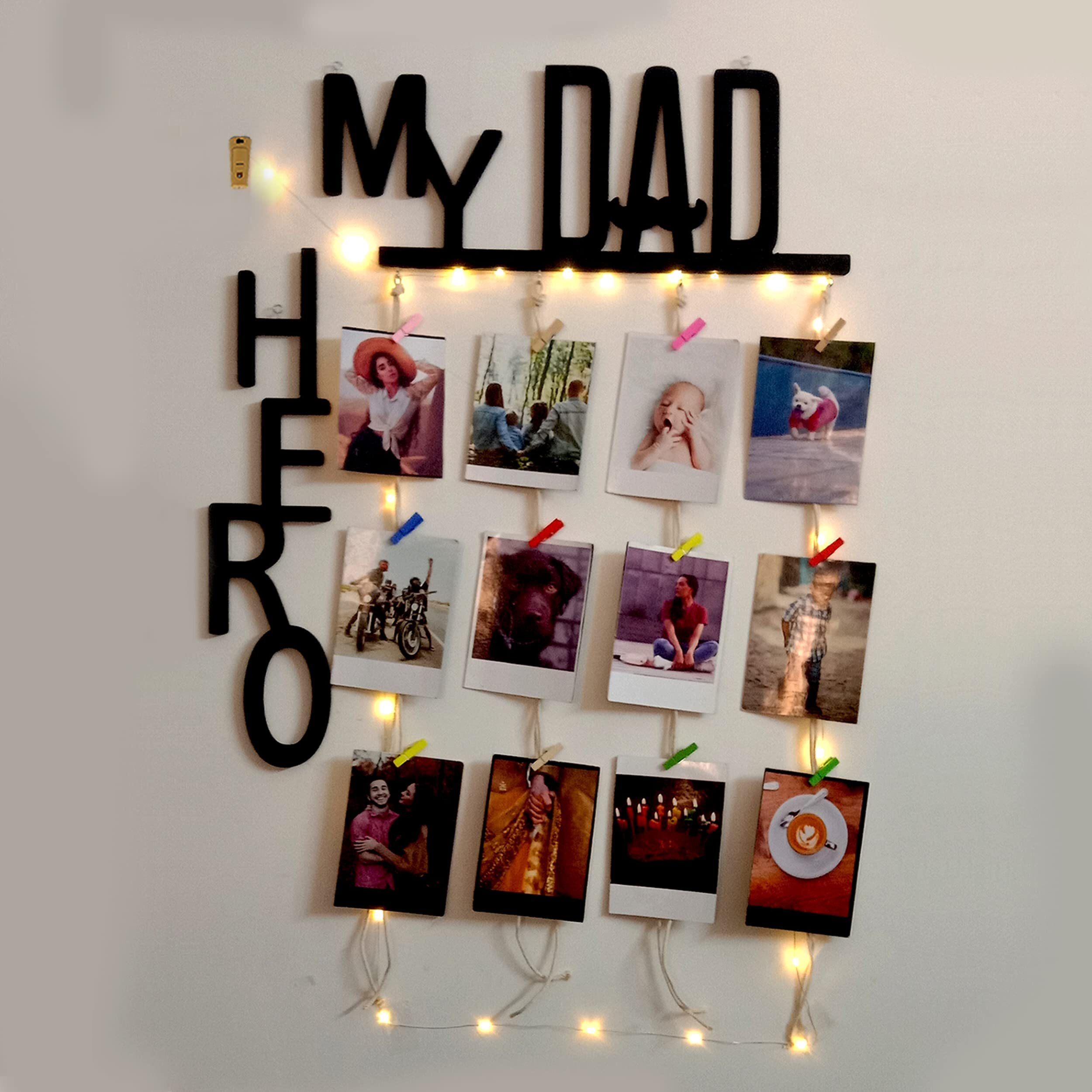 Vah Wooden Photo Frame With Led Light - Display Picture Collage Organizer With Clips (My Dad My Hero With Light)