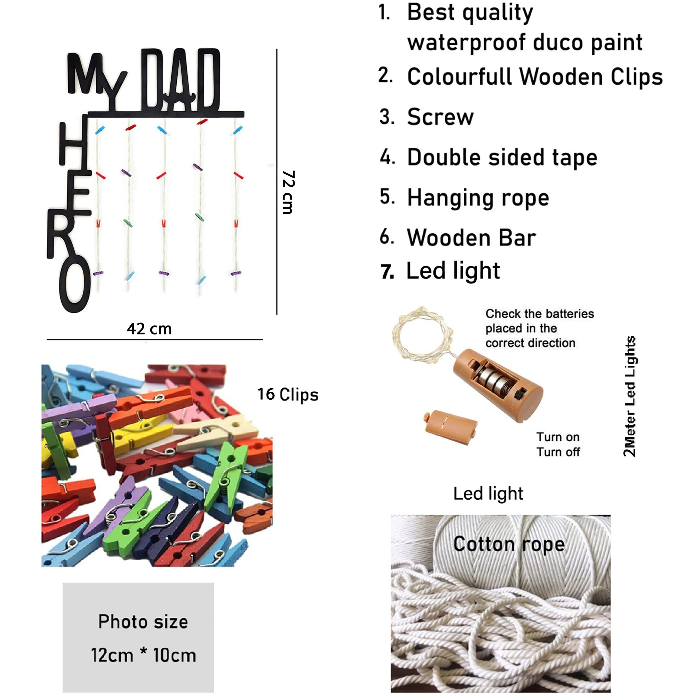Vah Wooden Photo Frame With Led Light - Display Picture Collage Organizer With Clips (My Dad My Hero With Light)