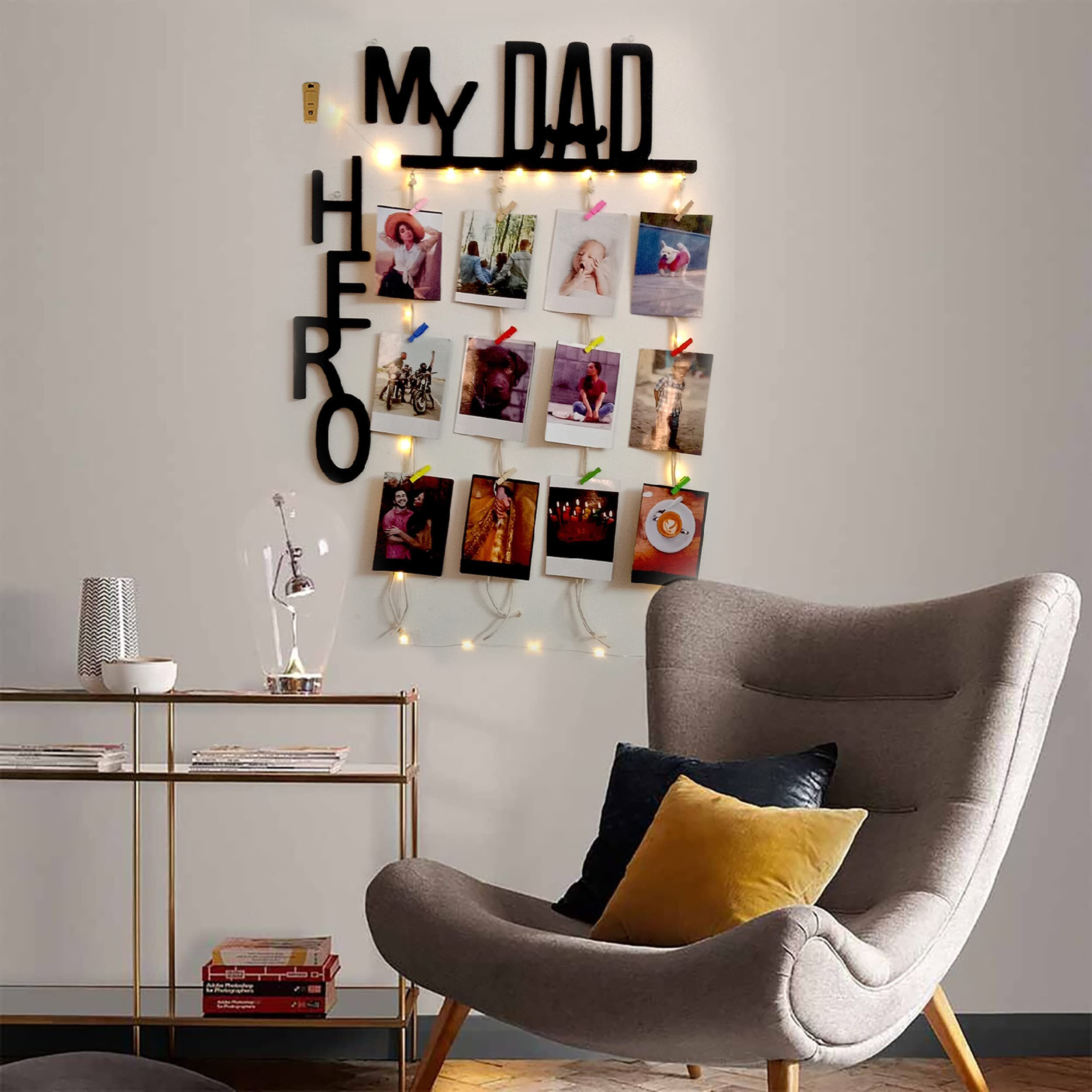 Vah Wooden Photo Frame With Led Light - Display Picture Collage Organizer With Clips (My Dad My Hero With Light)