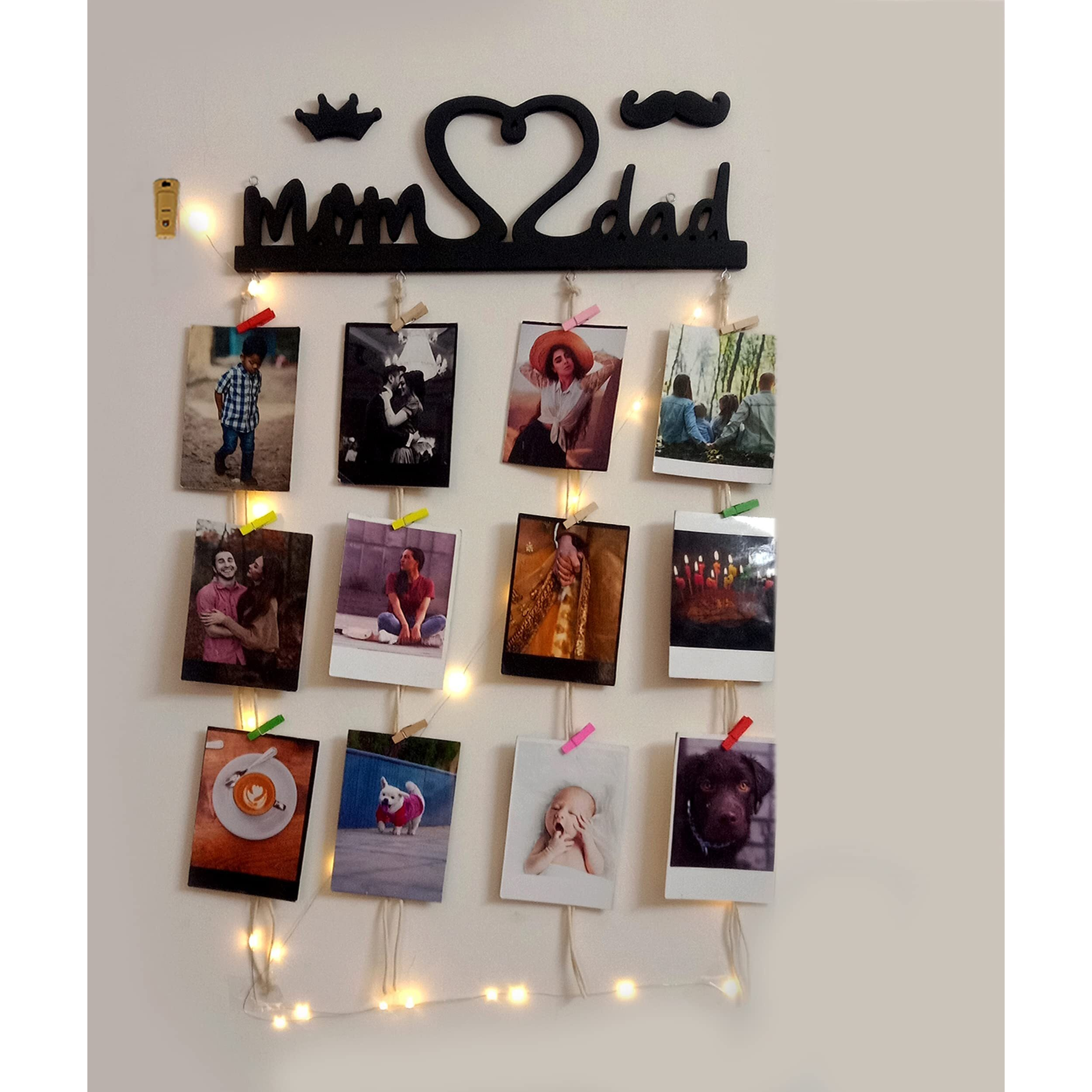 Vah Wooden Photo Frame With Led Light - Display Picture Collage Organizer With Clips (Mom And Dad With Light)