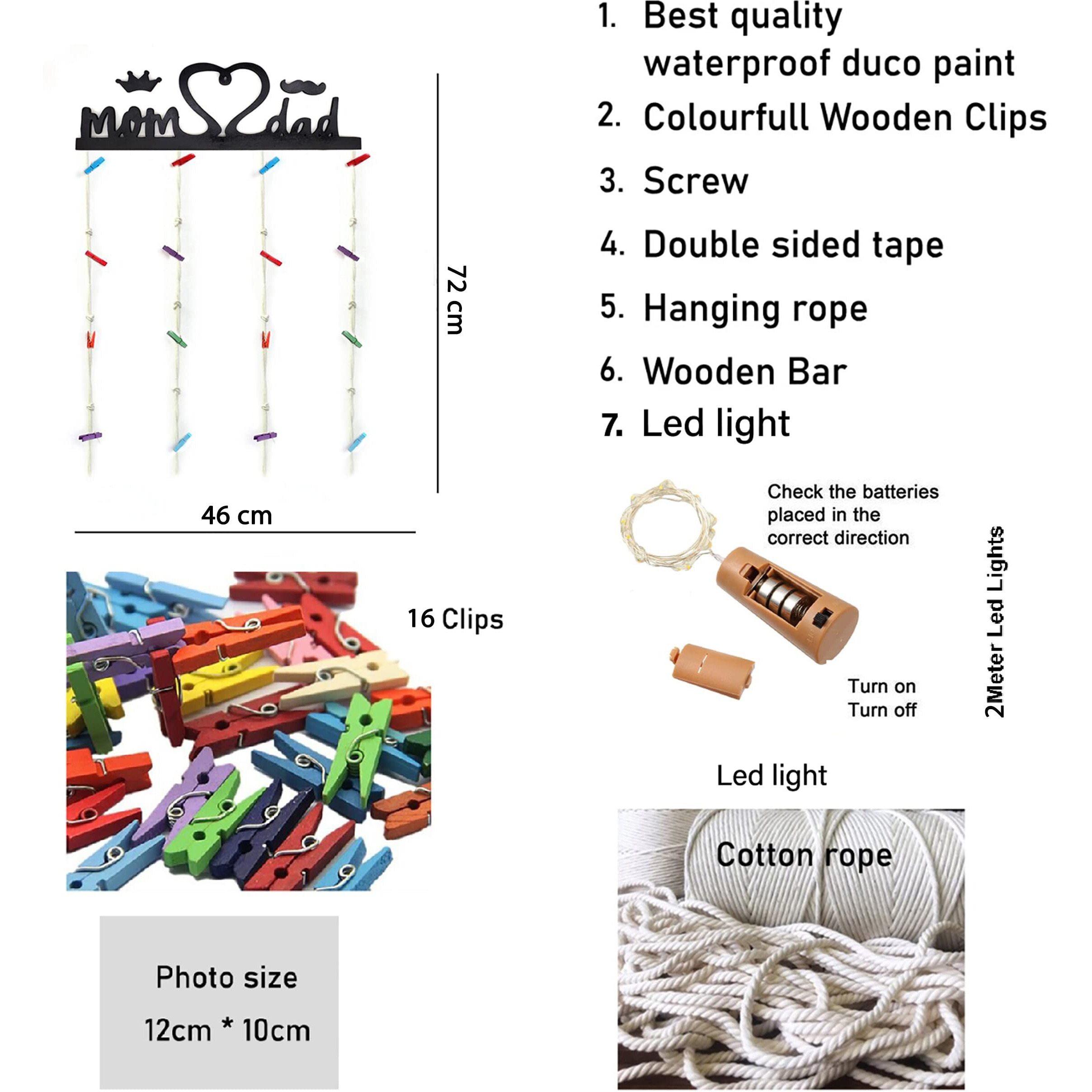 Vah Wooden Photo Frame With Led Light - Display Picture Collage Organizer With Clips (Mom And Dad With Light)
