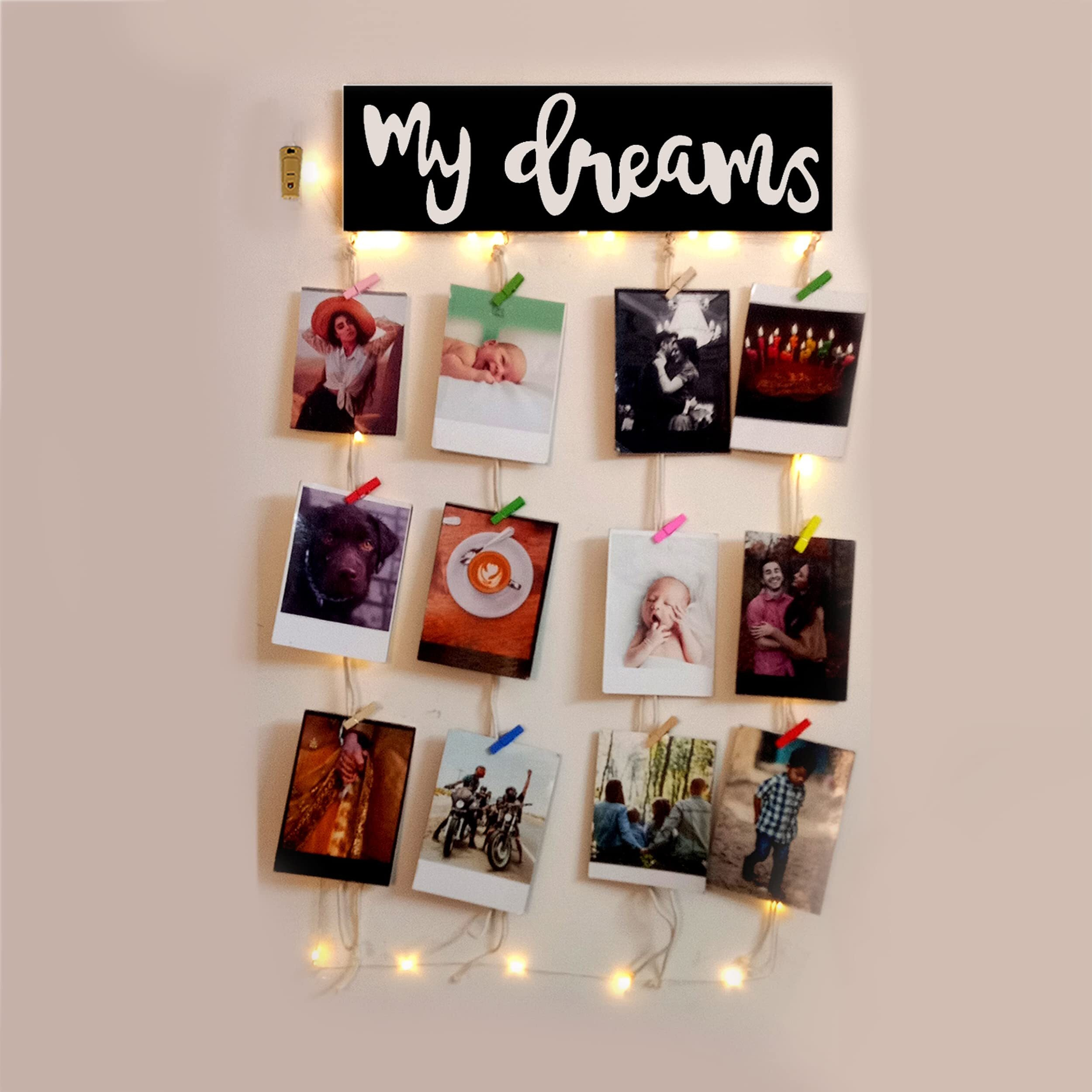 Vah Wooden Photo Frame With Led Light - Display Picture Collage Organizer With Clips (My Dream With Light)