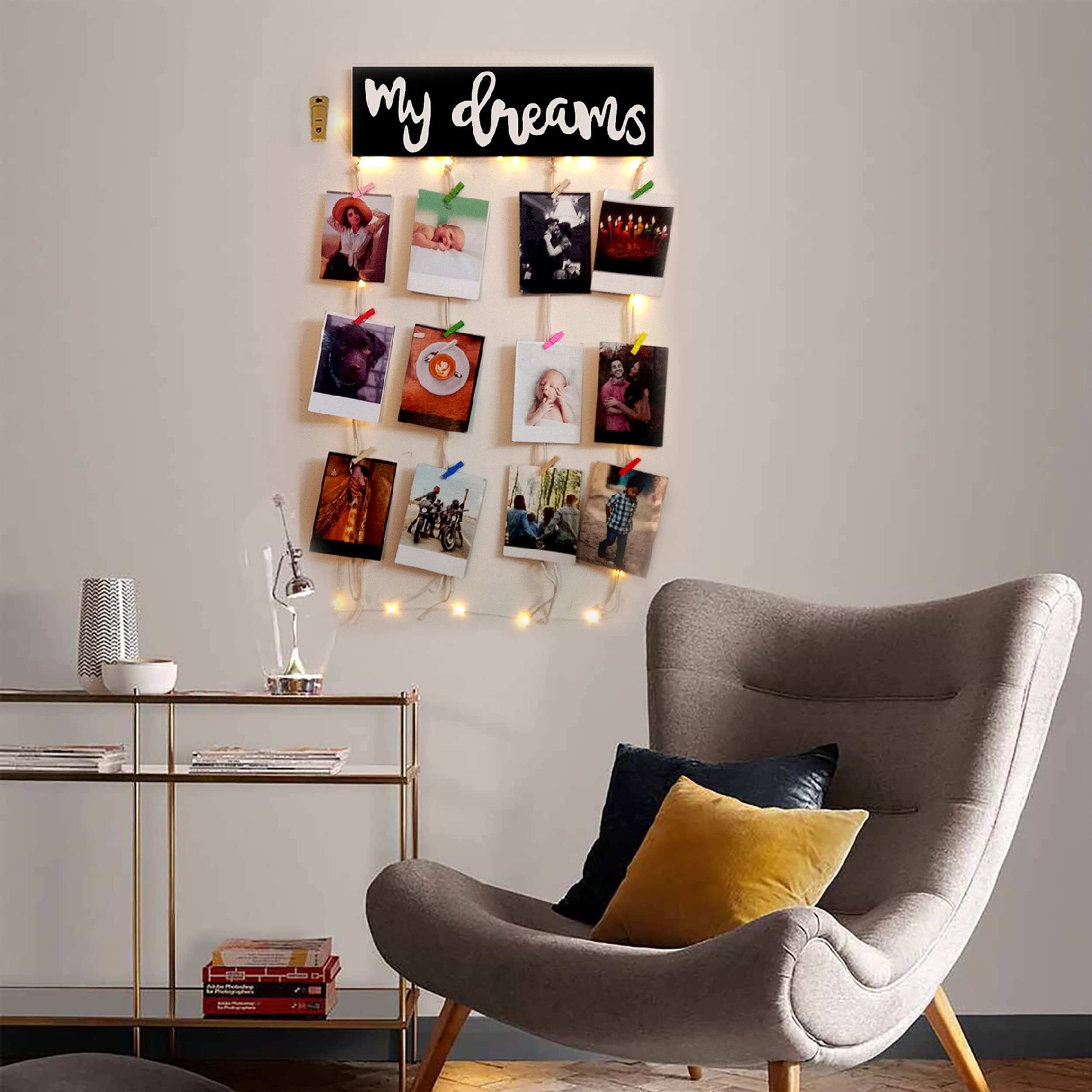 Vah Wooden Photo Frame With Led Light - Display Picture Collage Organizer With Clips (My Dream With Light)