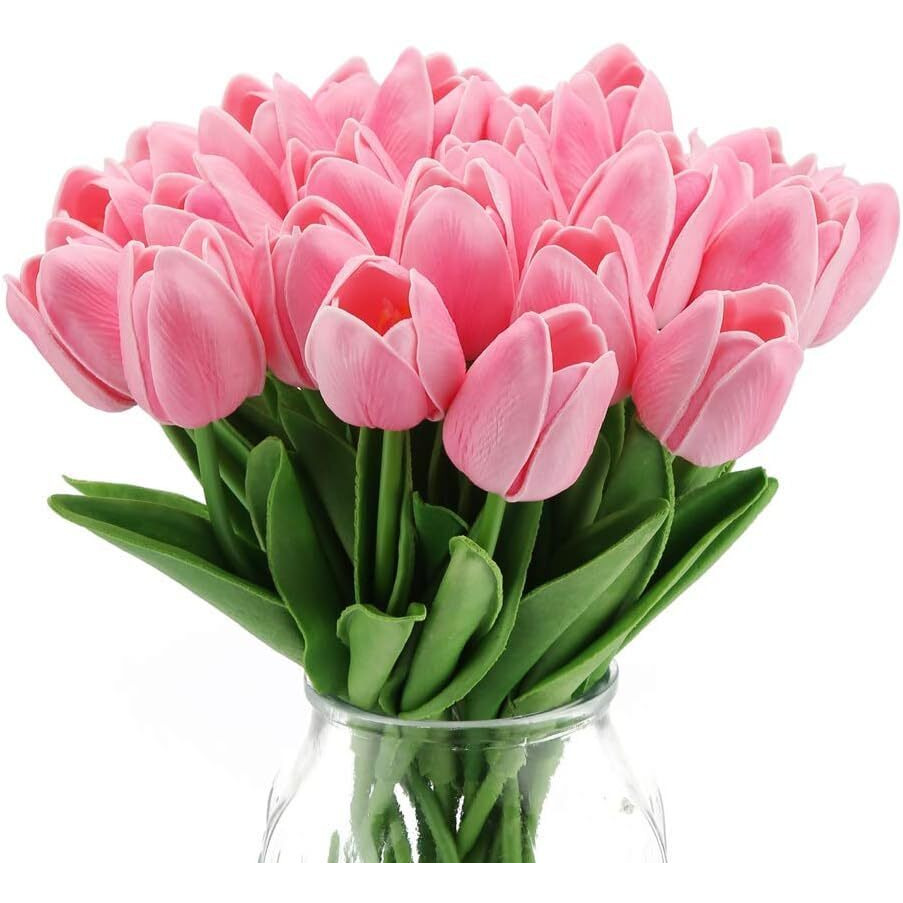 Tied Ribbons 5 Pcs Artificial Tulip Flowers Bunches For Vase (Pink, 34 Cm) Home Decoration Items For Living Room Corner Table Top Bedroom Wedding Party Decorative Gift (Vase Not Included) - Silk