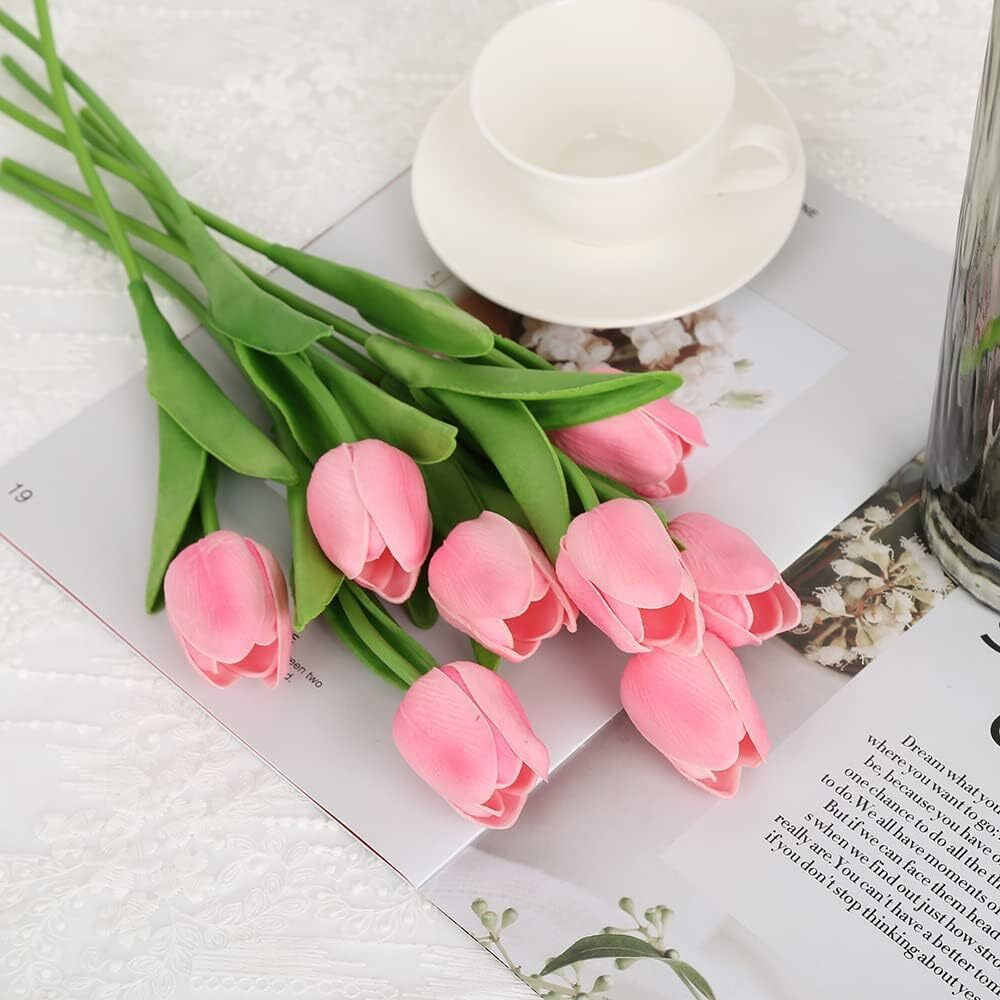 Tied Ribbons 5 Pcs Artificial Tulip Flowers Bunches For Vase (Pink, 34 Cm) Home Decoration Items For Living Room Corner Table Top Bedroom Wedding Party Decorative Gift (Vase Not Included) - Silk