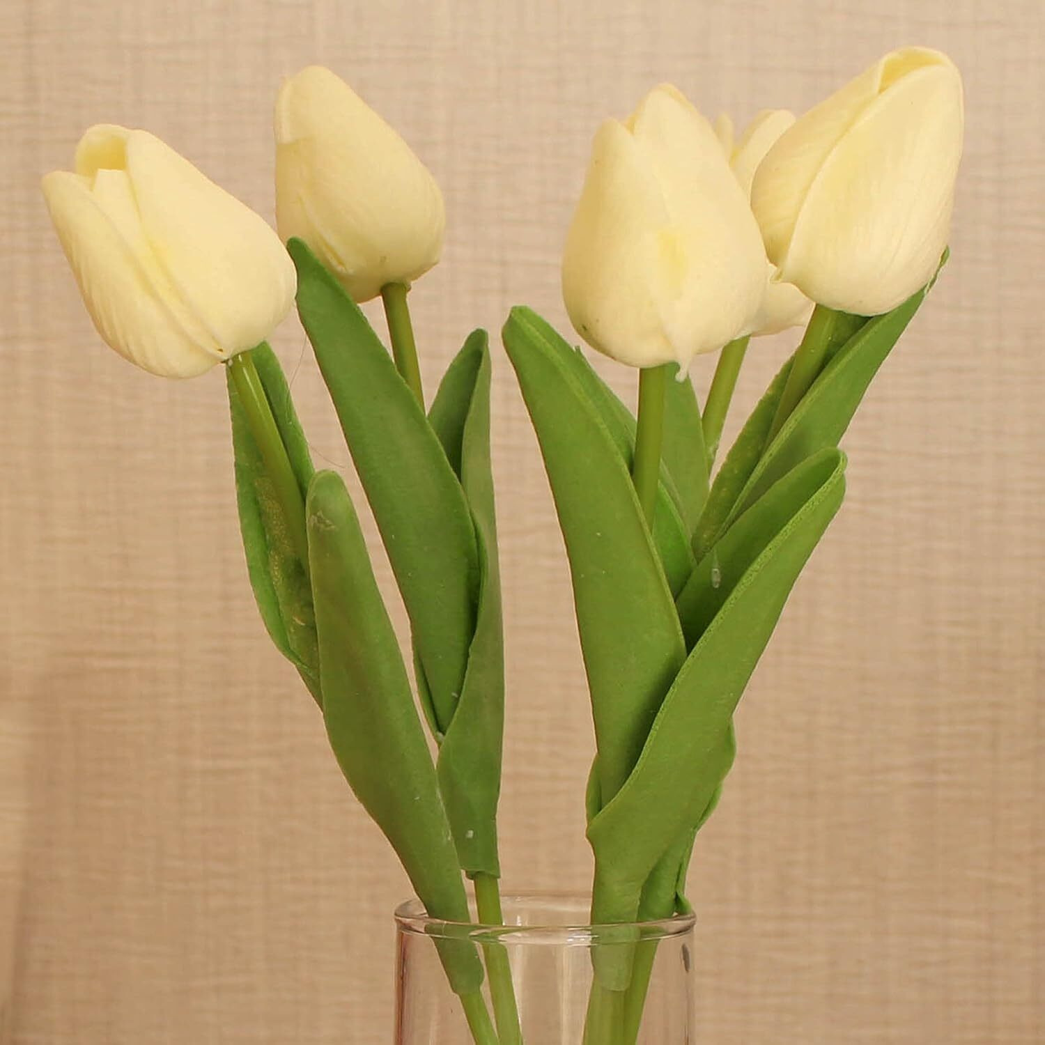 Tied Ribbons Silk Set Of 5 Artificial Tulip Flowers Bunches For Vase (Cream, 34 Cm) Home Decoration Items For Living Room Corner Table Top Bedroom Wedding Party (Vase Not Included)
