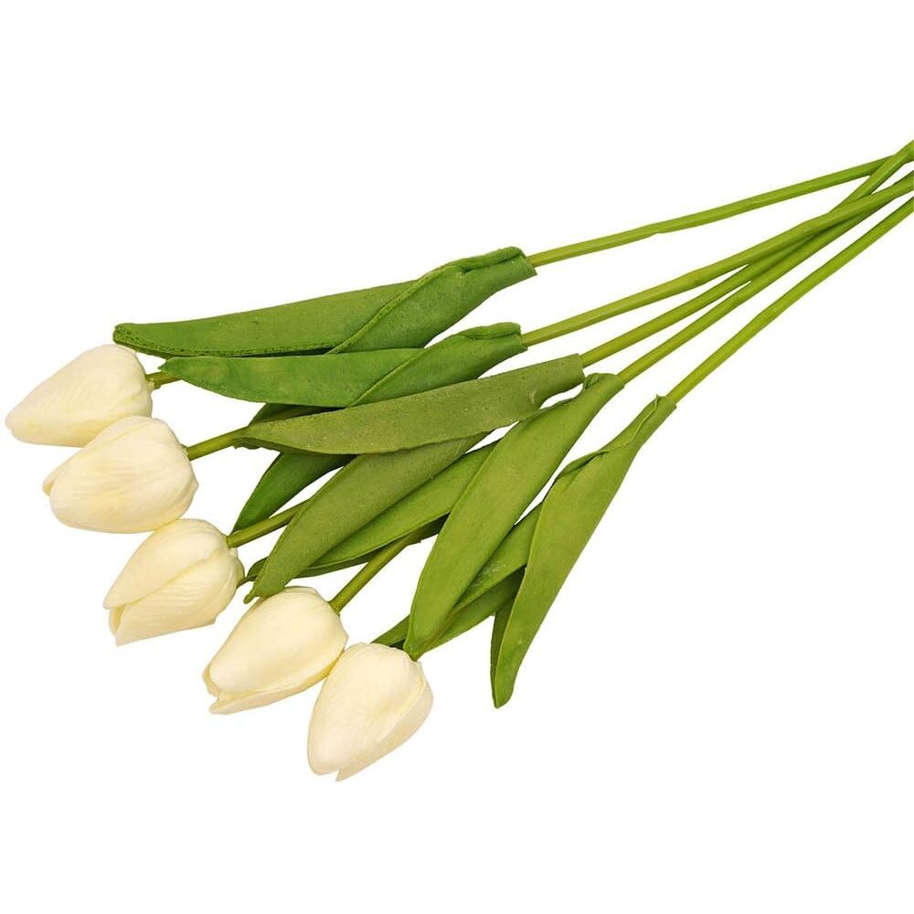 Tied Ribbons Silk Set Of 5 Artificial Tulip Flowers Bunches For Vase (Cream, 34 Cm) Home Decoration Items For Living Room Corner Table Top Bedroom Wedding Party (Vase Not Included)