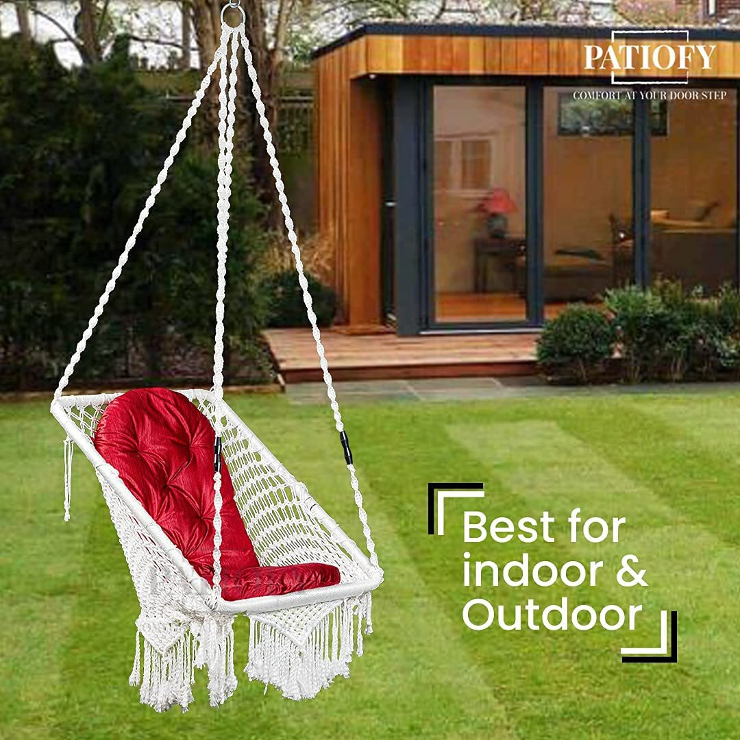 Patiofy Made In India Premium Square Shape Hammock Hanging Cotton Swing Chair With Cushion & Accessories For Kids & Adults/Indoor And Outdoor/ 150Kg Capacity/Swing With Large Red Cushion (White)