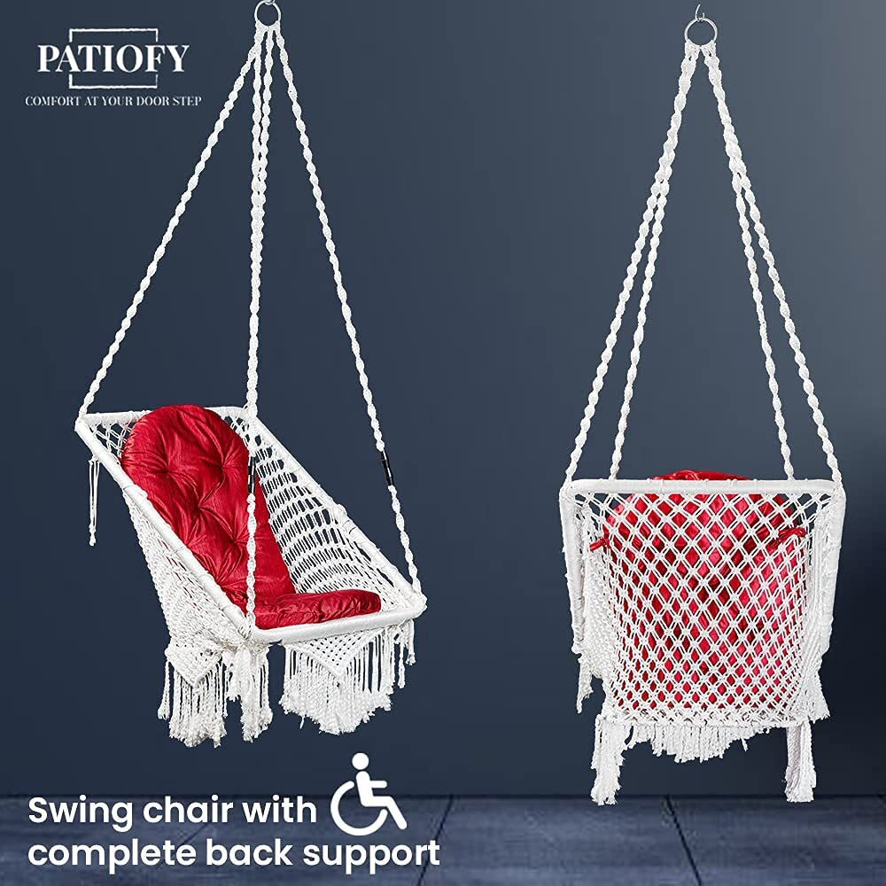 Patiofy Made In India Premium Square Shape Hammock Hanging Cotton Swing Chair With Cushion & Accessories For Kids & Adults/Indoor And Outdoor/ 150Kg Capacity/Swing With Large Red Cushion (White)
