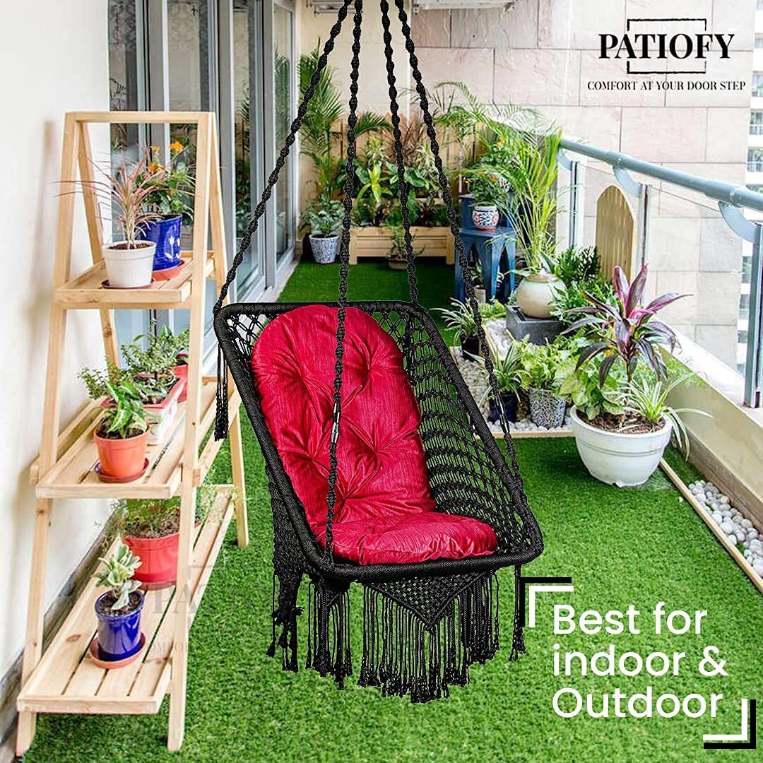 Patiofy Made In India Premium Square Shape Hammock Hanging Cotton Swing Chair With Cushion & Accessories For Kids & Adults/Indoor & Outdoor, Patio/ 150Kg Capacity/Swing With Large Red Cushion (Black)