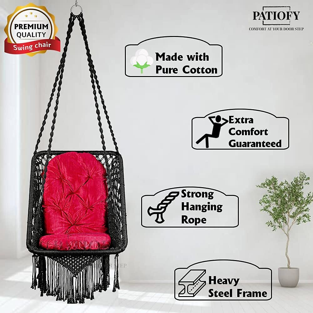 Patiofy Made In India Premium Square Shape Hammock Hanging Cotton Swing Chair With Cushion & Accessories For Kids & Adults/Indoor & Outdoor, Patio/ 150Kg Capacity/Swing With Large Red Cushion (Black)