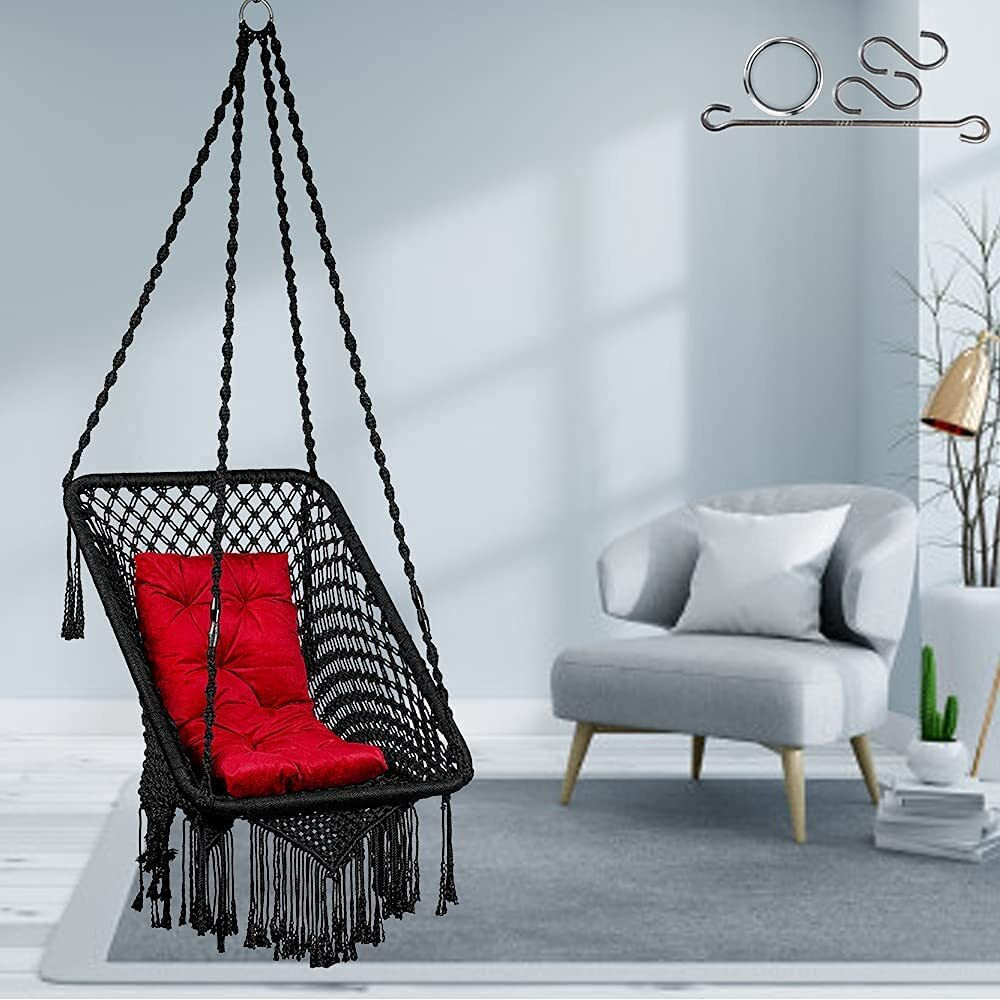 Patiofy Made In India Premium Square Shape Hammock Hanging Cotton Swing Chair With Red L Cushion & Accessories For Indoor & Outdoor/Kids & Adults/ 150Kg Capacity/Swing Cushion (33''X26''X66'',Black)