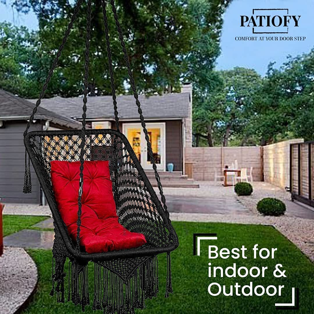 Patiofy Made In India Premium Square Shape Hammock Hanging Cotton Swing Chair With Red L Cushion & Accessories For Indoor & Outdoor/Kids & Adults/ 150Kg Capacity/Swing Cushion (33''X26''X66'',Black)