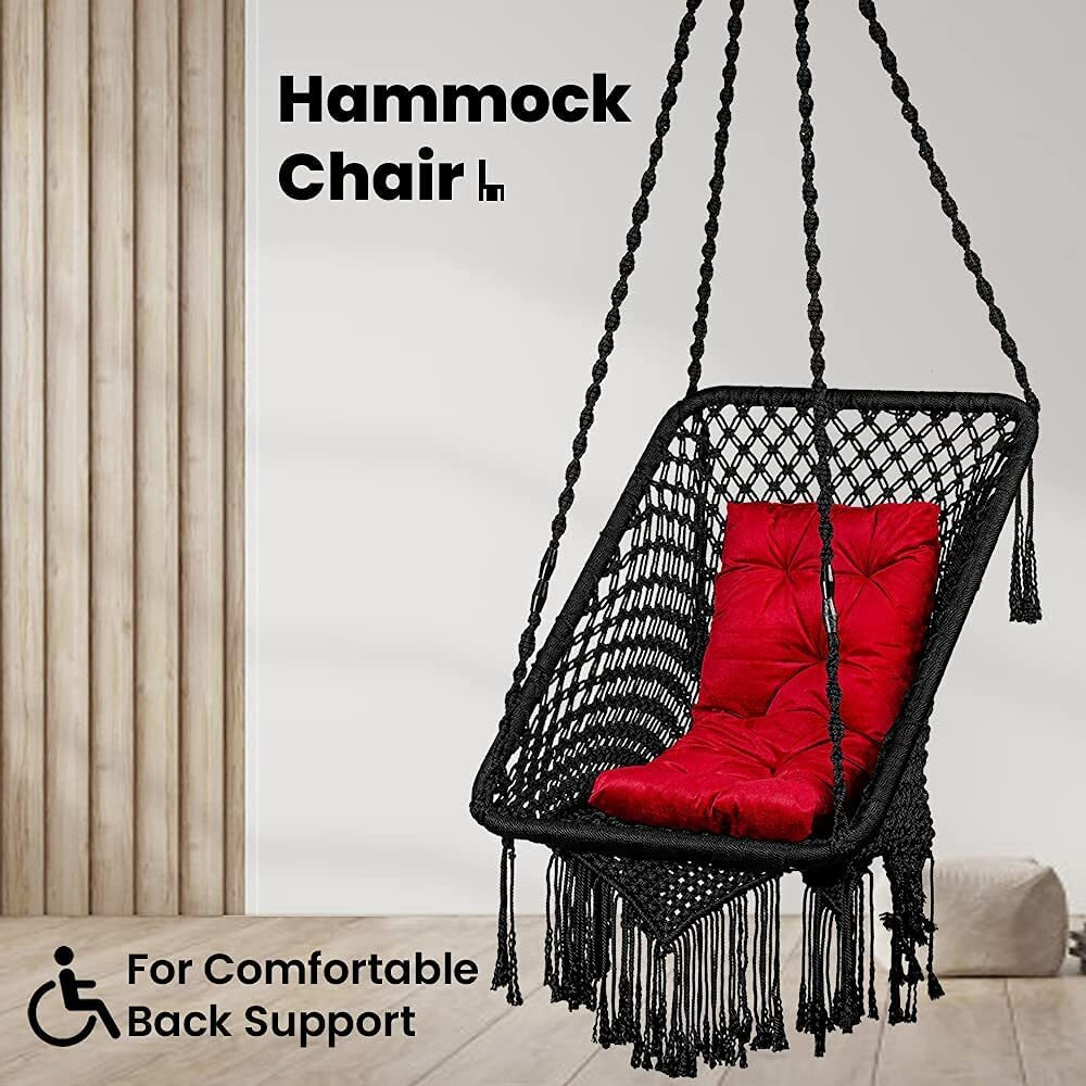 Patiofy Made In India Premium Square Shape Hammock Hanging Cotton Swing Chair With Red L Cushion & Accessories For Indoor & Outdoor/Kids & Adults/ 150Kg Capacity/Swing Cushion (33''X26''X66'',Black)