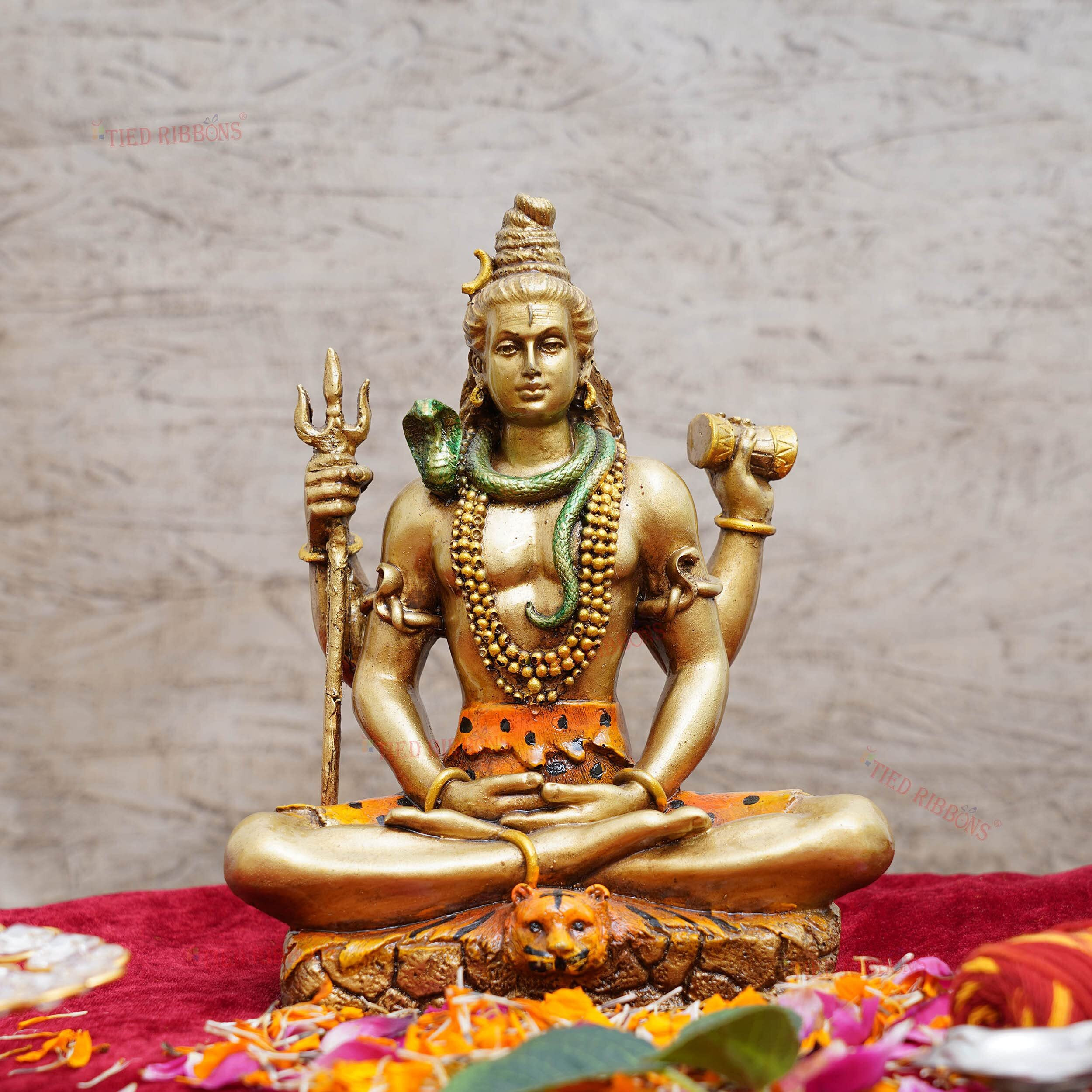 Tied Ribbons Resin Lord Shiva Statue Blessing Idol Sculpture Murti Showpiece (20 Cm X 17 Cm) - Decoration Items For Home Decor Living Room Mandir Temple Pooja Room Table Decorative Gifts, Multicolour