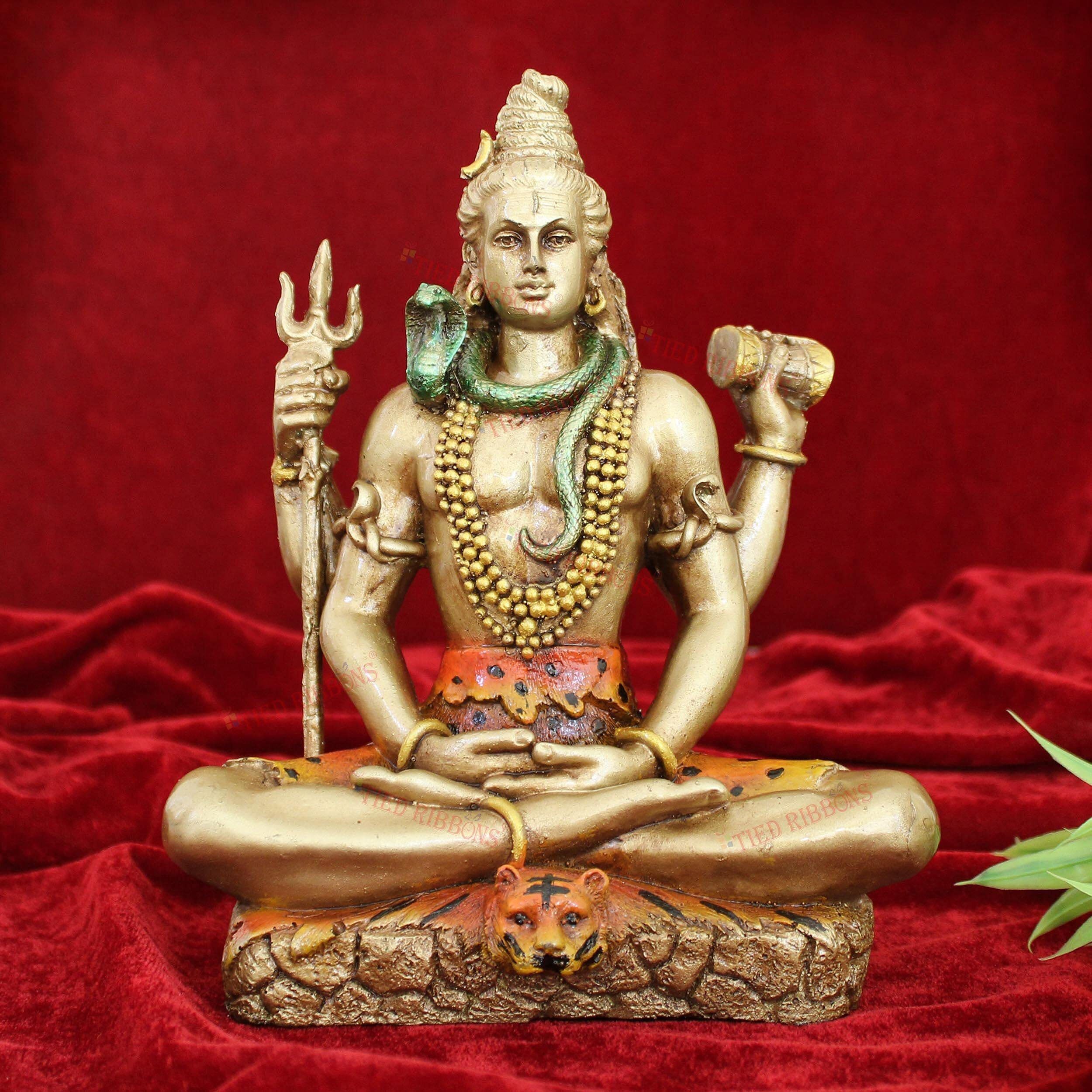 Tied Ribbons Resin Lord Shiva Statue Blessing Idol Sculpture Murti Showpiece (20 Cm X 17 Cm) - Decoration Items For Home Decor Living Room Mandir Temple Pooja Room Table Decorative Gifts, Multicolour