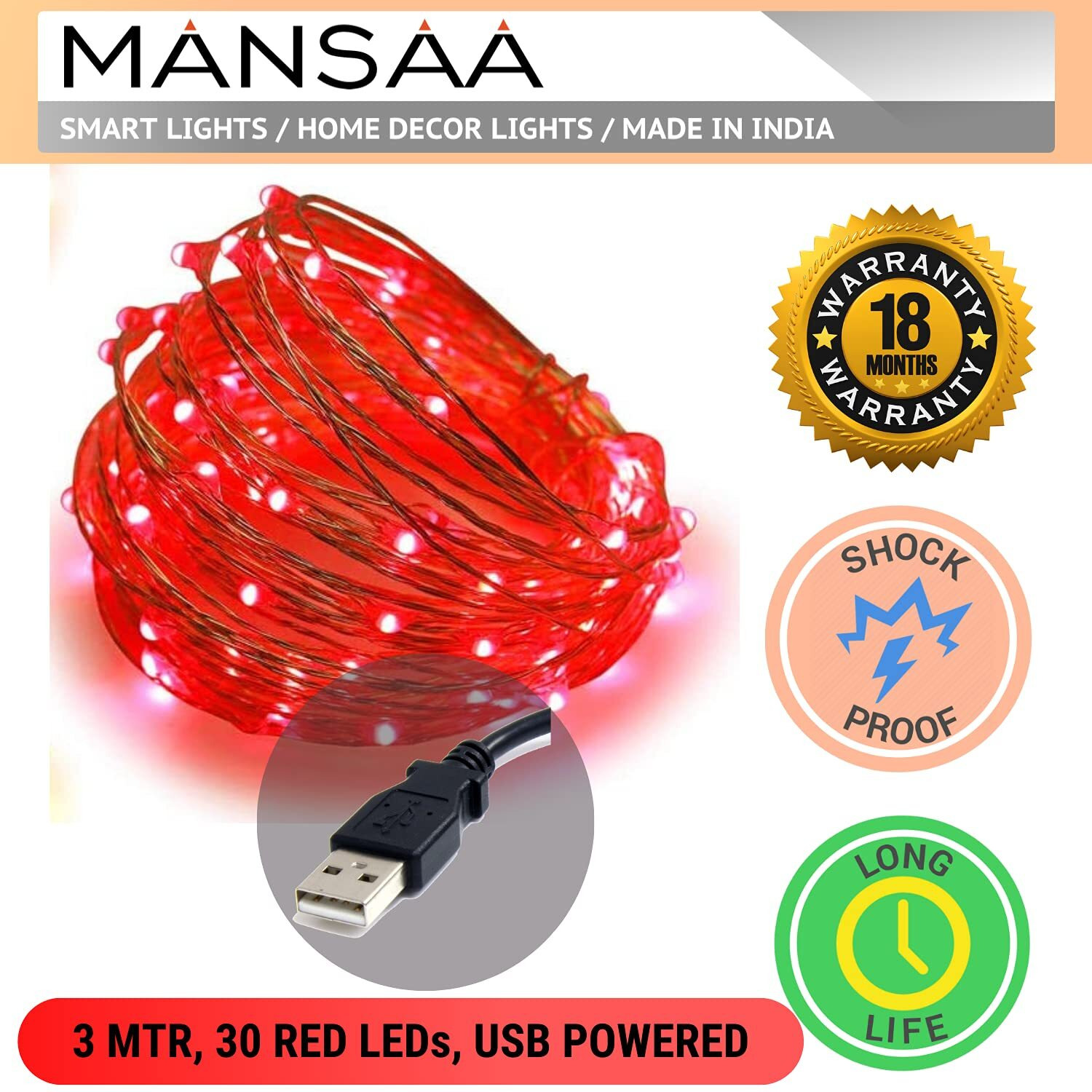 Mansaa M23 Usb Led String Light | 5 Meter 50 Leds | Red Color | Usb Operated | Home Decor Led Light