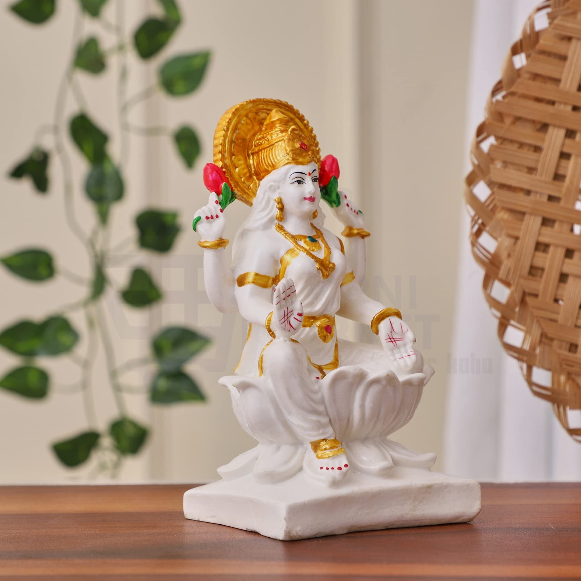 Apnimarket Marble Dust Laxmi Mata Murti Figurine, Standard, Goddess Mahalakshmi Statue-White 7"